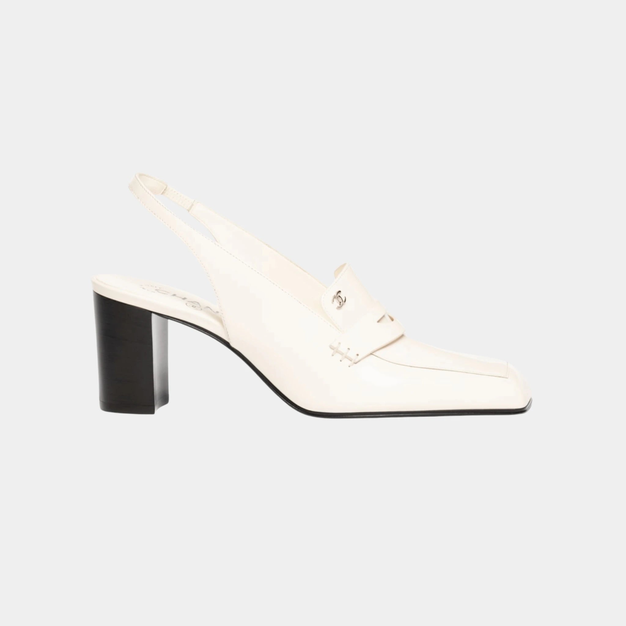 Chanel Heeled Slingbacks in Shiny Calfskin, White, Side