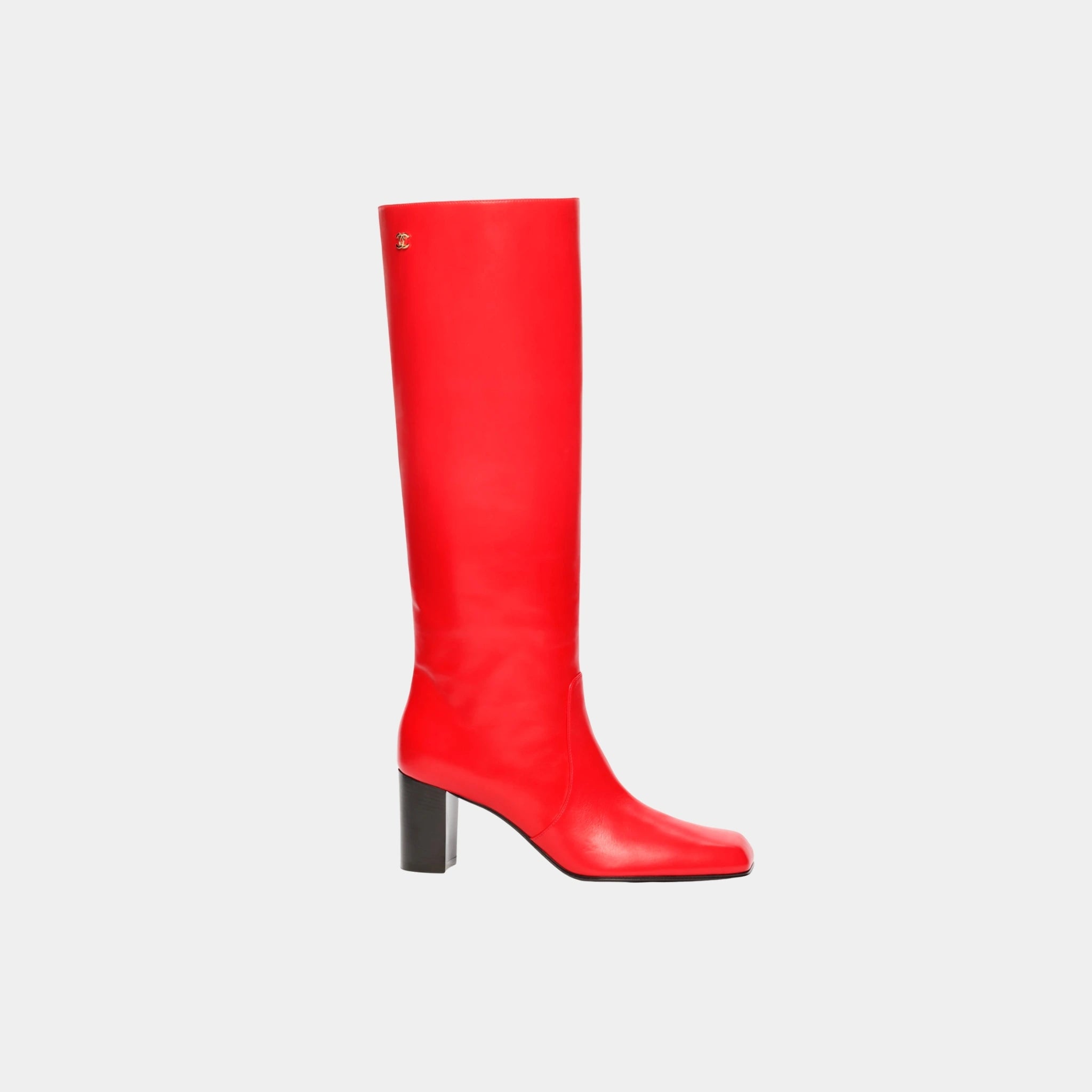 Chanel High Boots in Calfskin, Red, Side