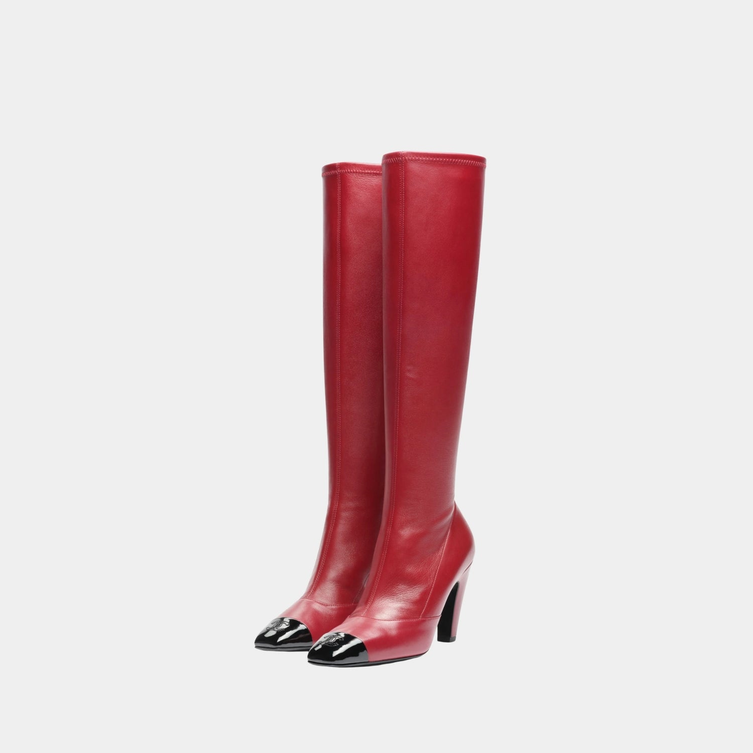 Chanel High Boots in Stretch Lambskin, Lambskin &amp; Patent Calfskin, Burgundy Black, Front