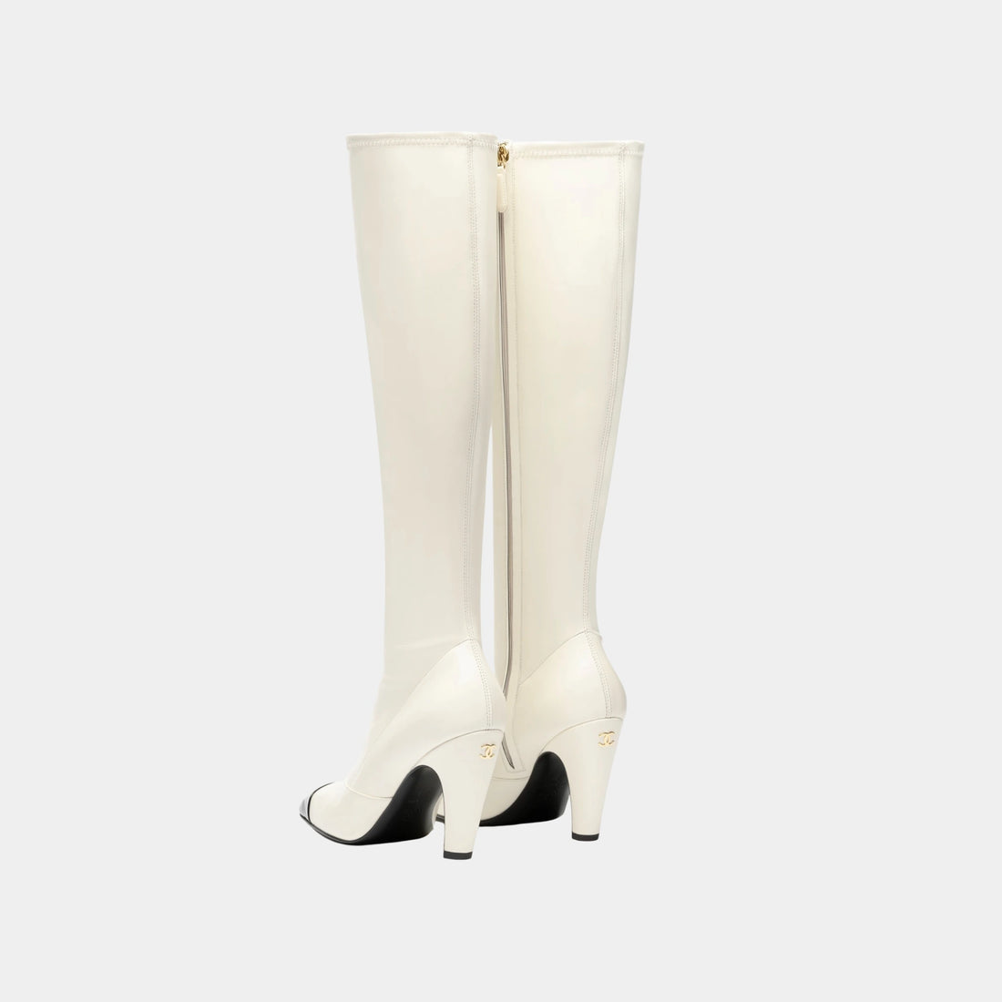 Chanel High Boots in Stretch Lambskin, Lambskin & Patent Calfskin, Ivory Black, Back