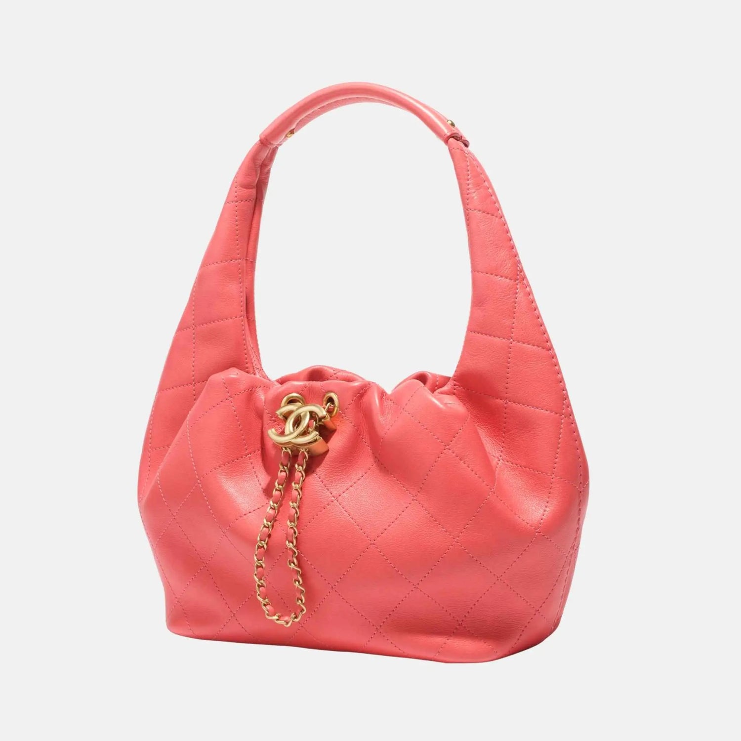 Chanel Hobo Handbag Calfskin Gold Tone Metal, Coral, Side