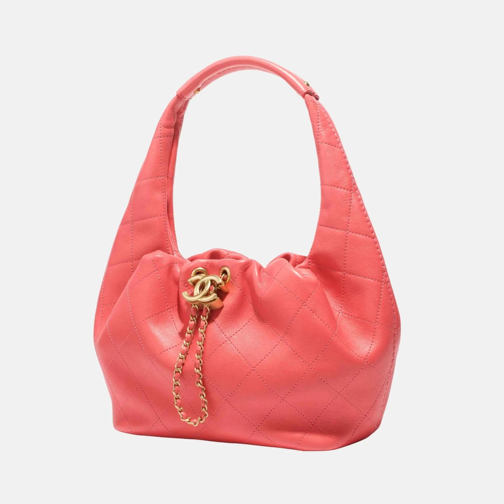 Chanel Hobo Handbag Calfskin Gold Tone Metal, Coral, Side