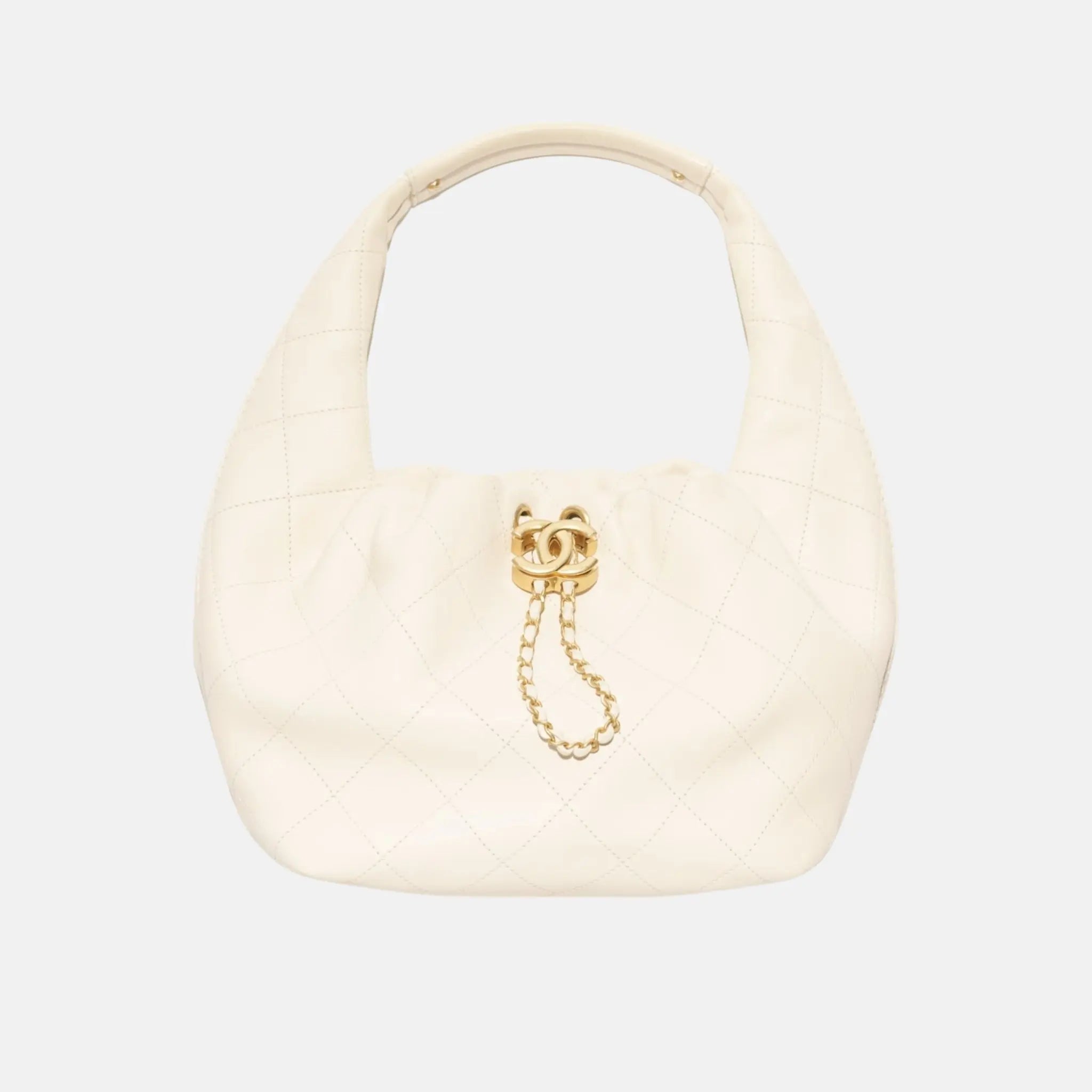 Chanel Hobo Handbag Calfskin Gold Tone Metal, Light Beige, Front