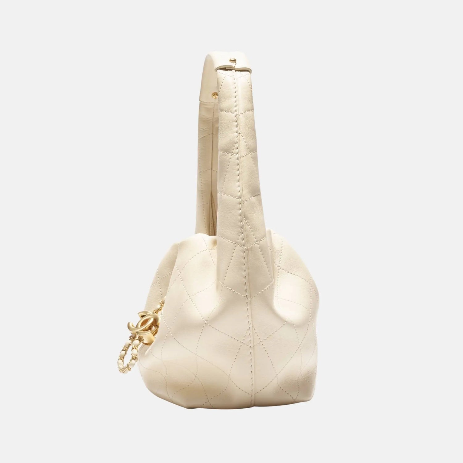 Chanel Hobo Handbag Calfskin Gold Tone Metal, Light Beige, Side