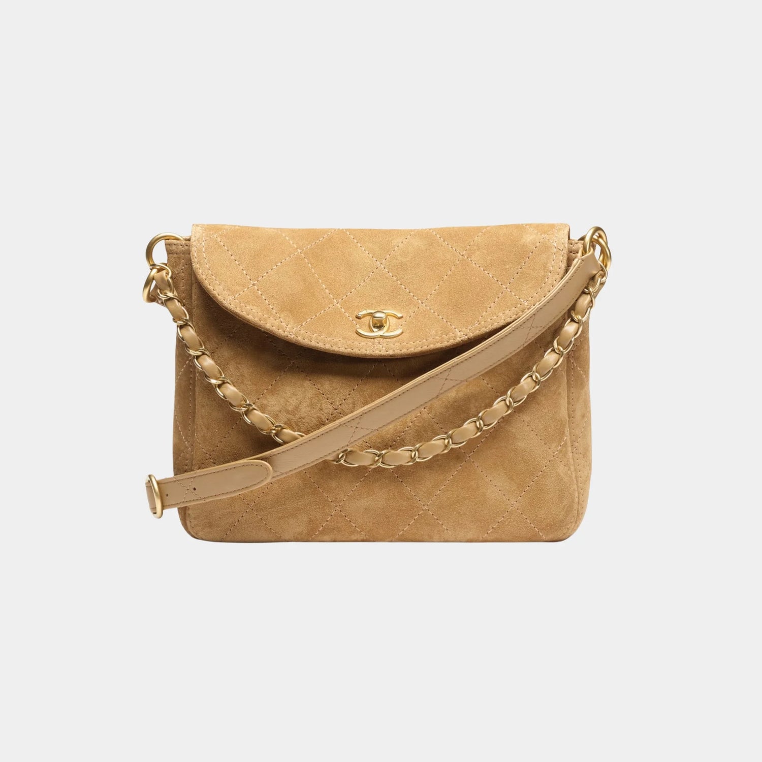 Chanel Hobo Handbag in Suede Calfskin &amp; Gold Metal, Dark Beige, Front