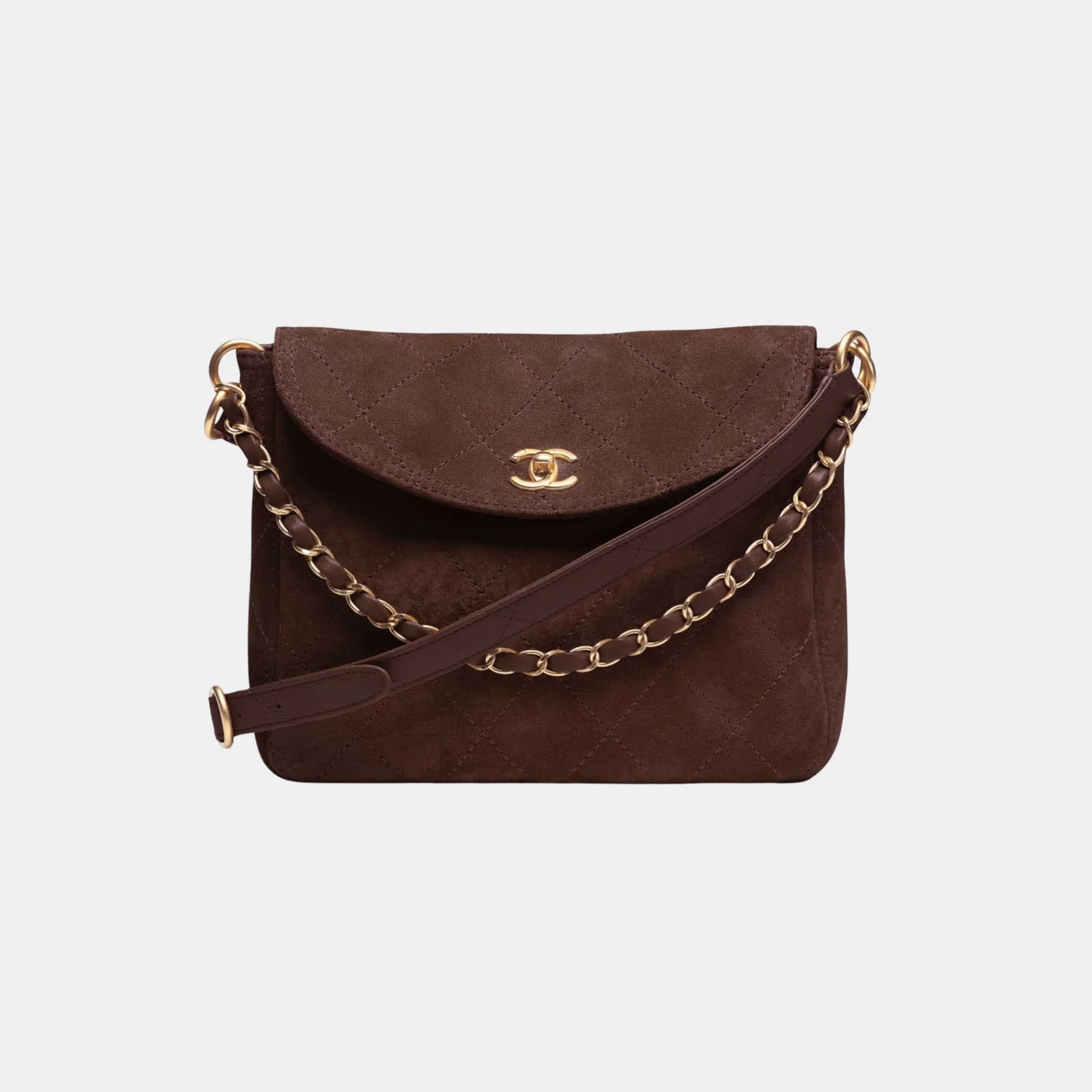 Chanel Hobo Handbag in Suede Calfskin &amp; Gold Metal, Dark Brown, Front