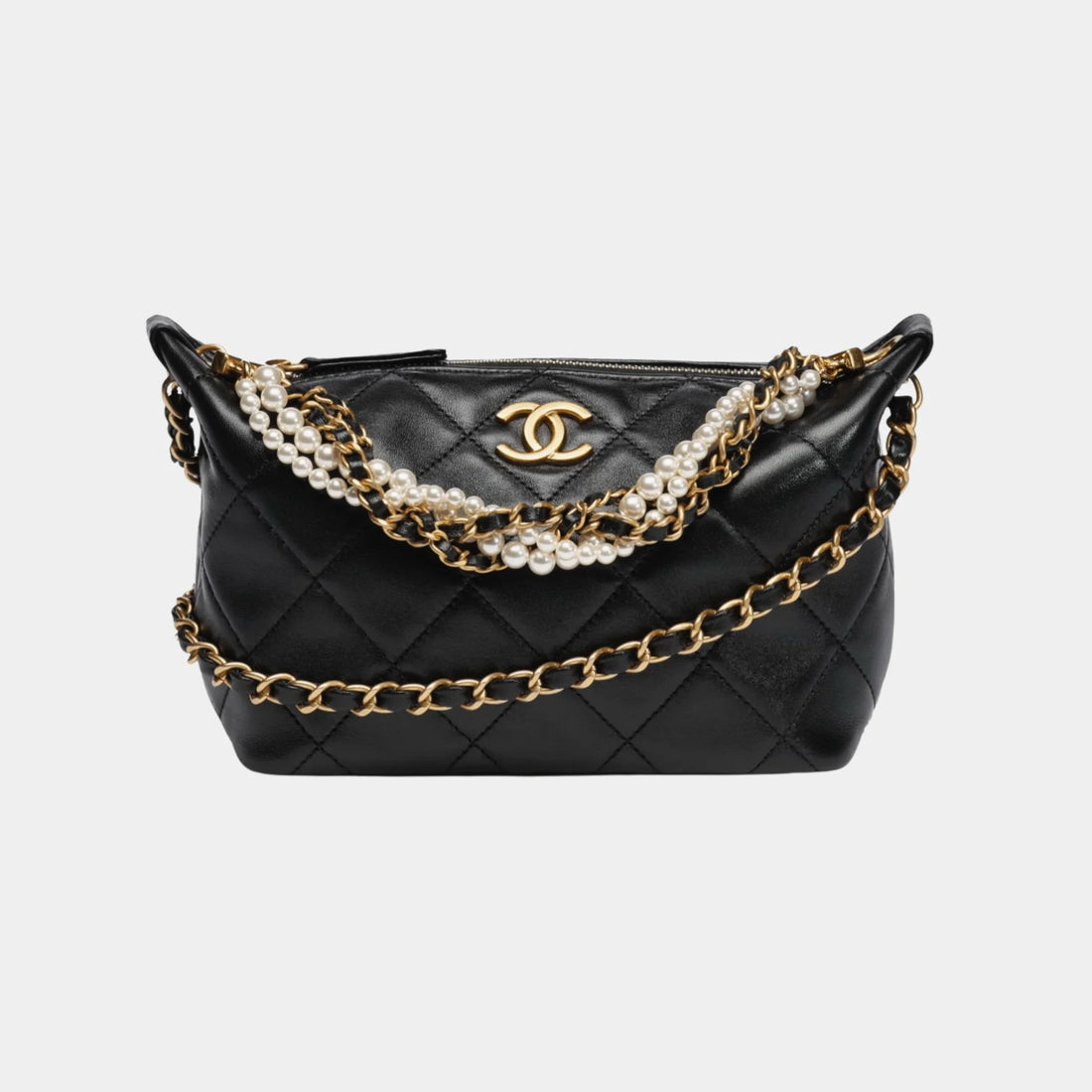 Chanel Hobo Handbag in Shiny Lambskin &amp; Imitation Pearls, Black, Front