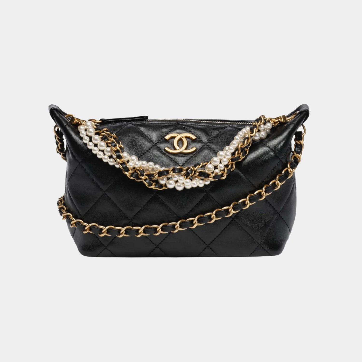 Chanel Hobo Handbag in Shiny Lambskin &amp; Imitation Pearls, Black, Front