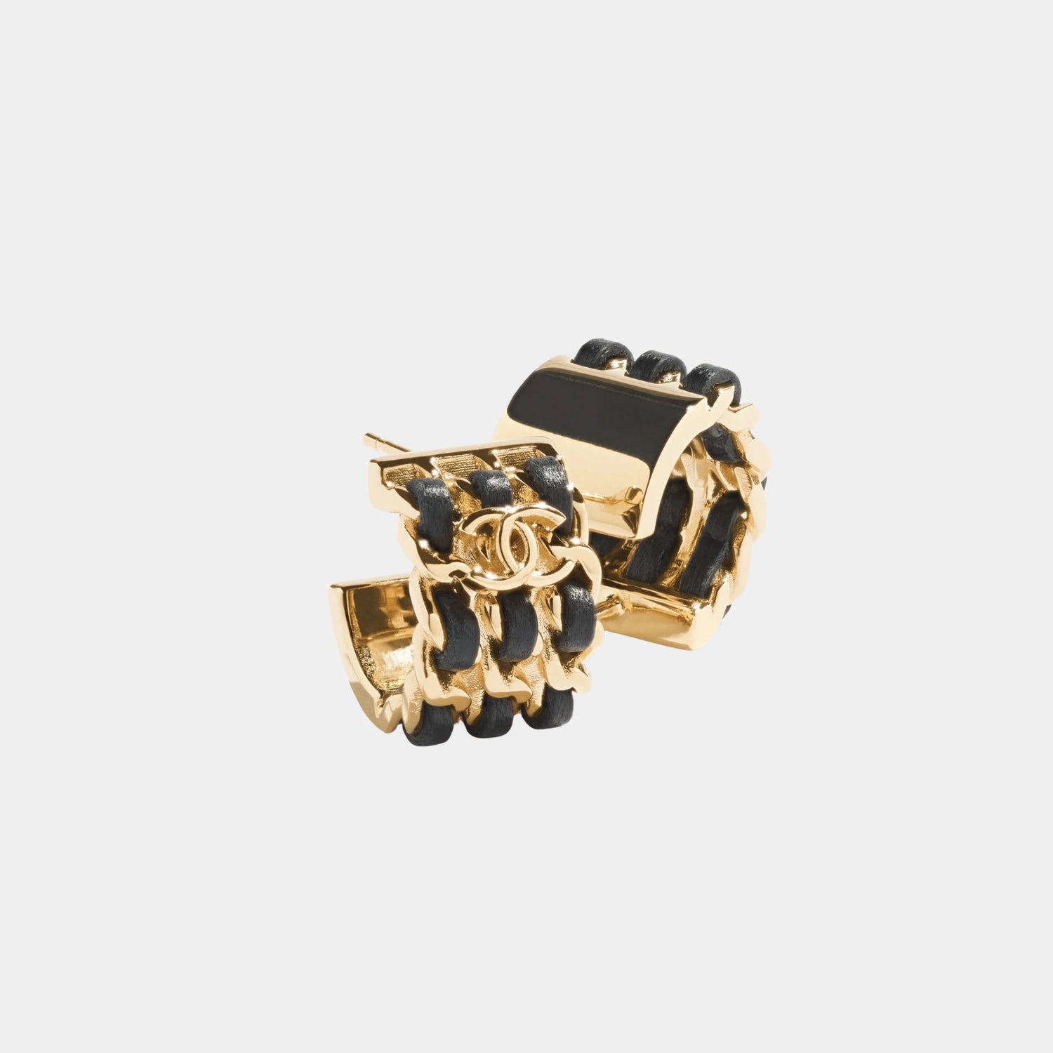 Chanel Hoop Earrings in Gold Metal and Black Lambskin, Close