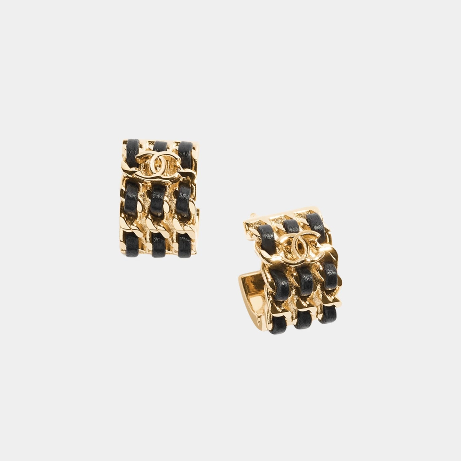 Chanel Hoop Earrings in Gold Metal and Black Lambskin, Front