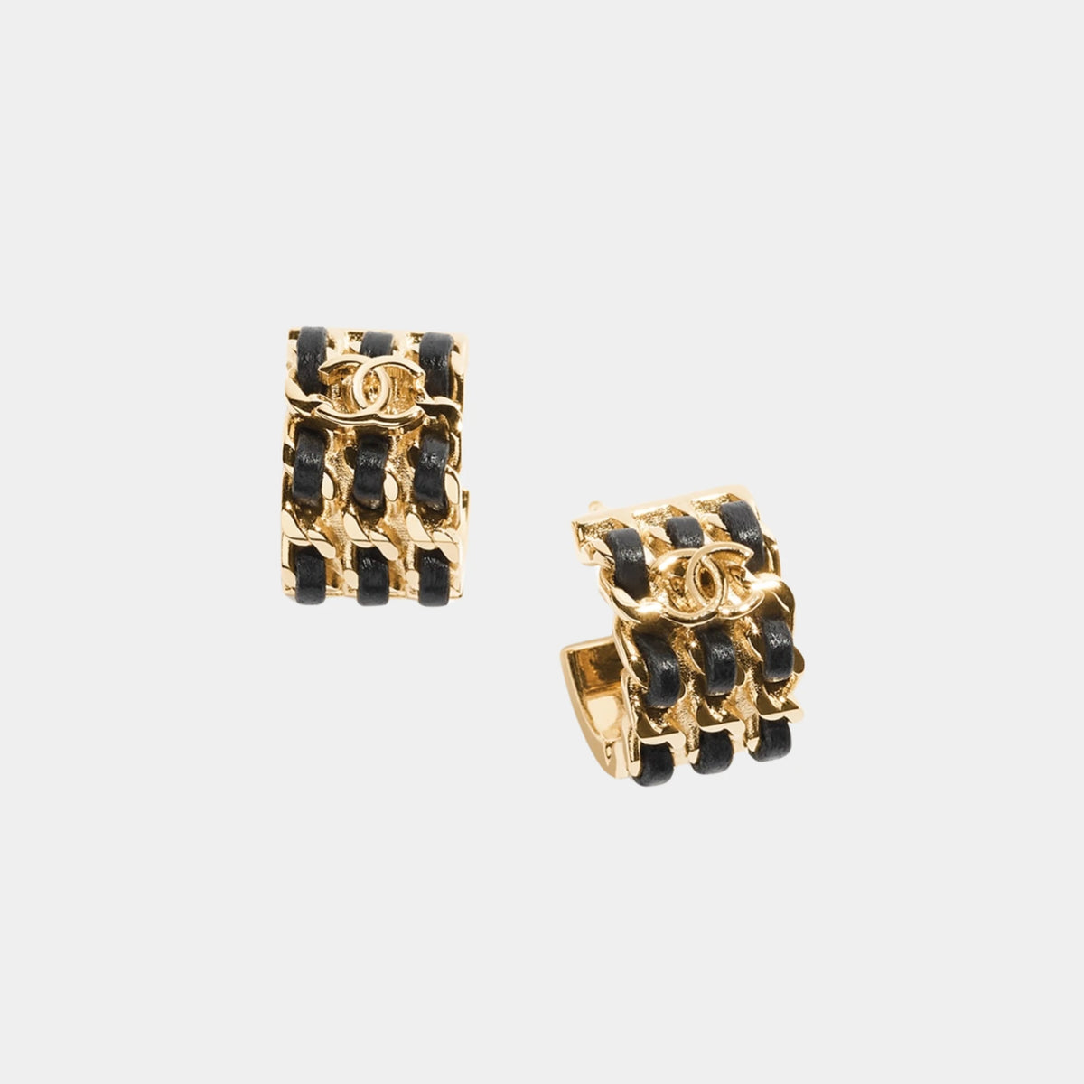 Hoop Earrings in Gold Metal and Black Lambskin