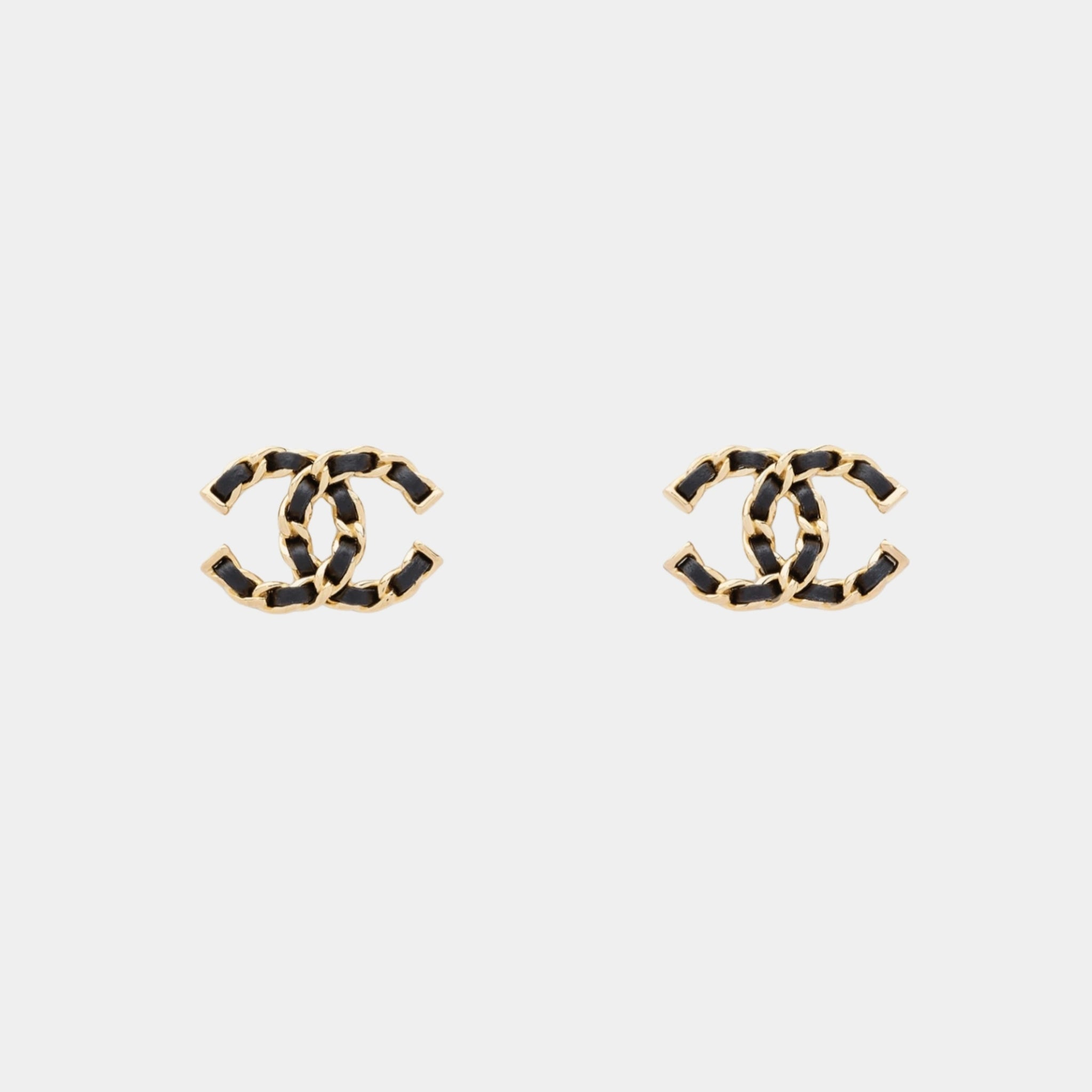 Chanel Iconic CC Stud Earrings in Gold with Black Lambskin, Front