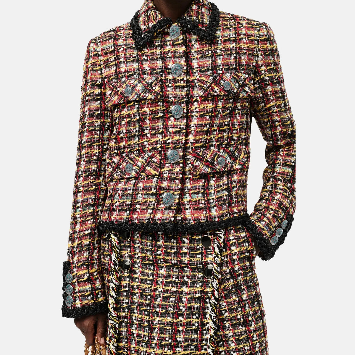Chanel Jacket Black Wool Red Tweed in Yellow and White
