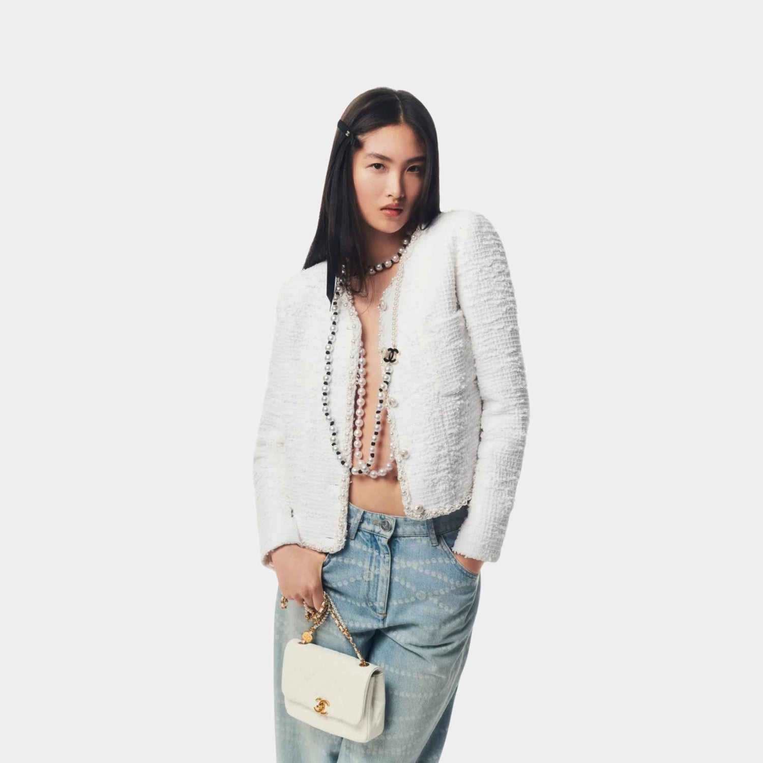 Chanel Jacket Cotton Tweed &amp; Imitation Pearls White, Half