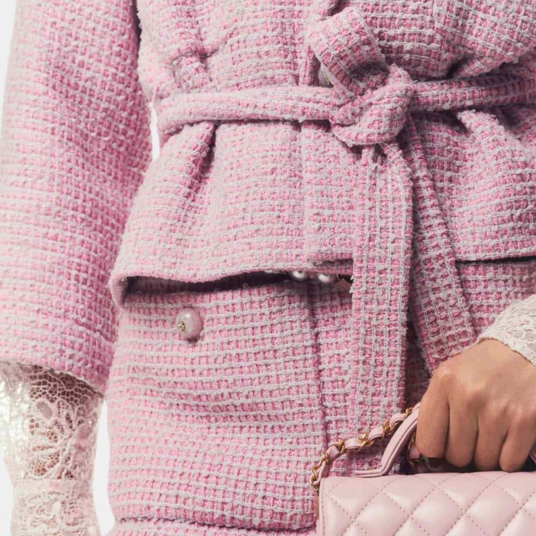 Chanel Jacket Cotton Tweed Light Pink & Grey, Closeup