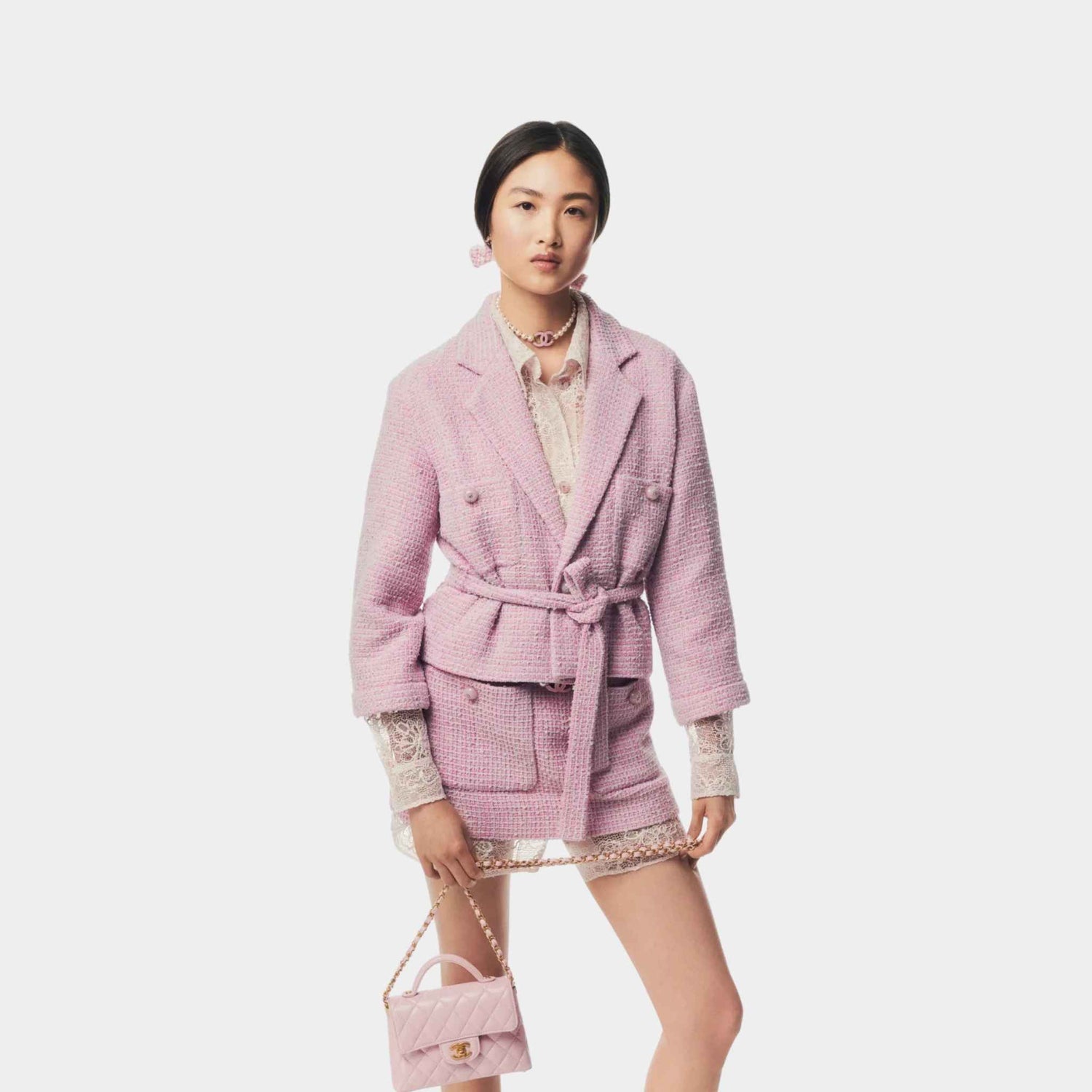 Chanel Jacket Cotton Tweed Light Pink &amp; Grey, Half