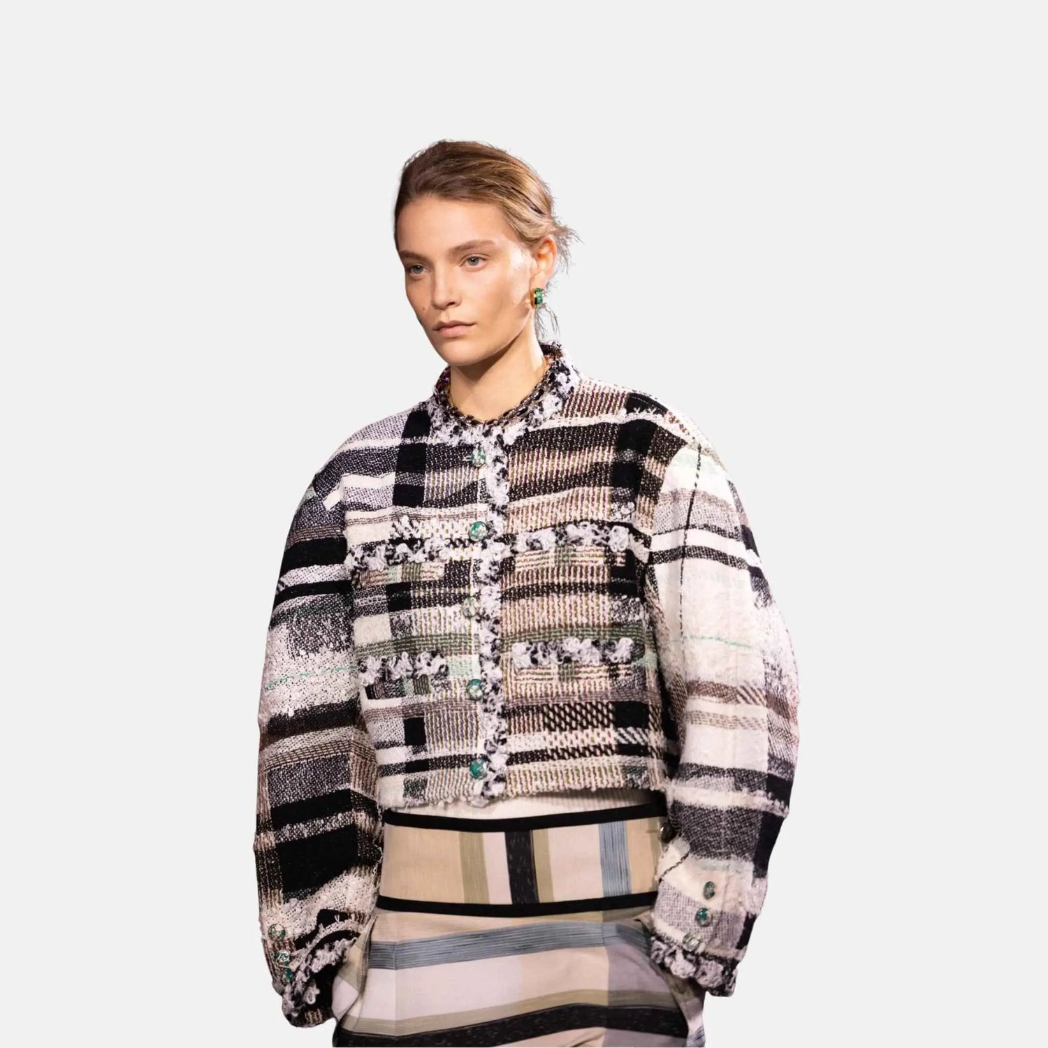 Chanel Jacket Cotton Tweed White Black Aqua Green
