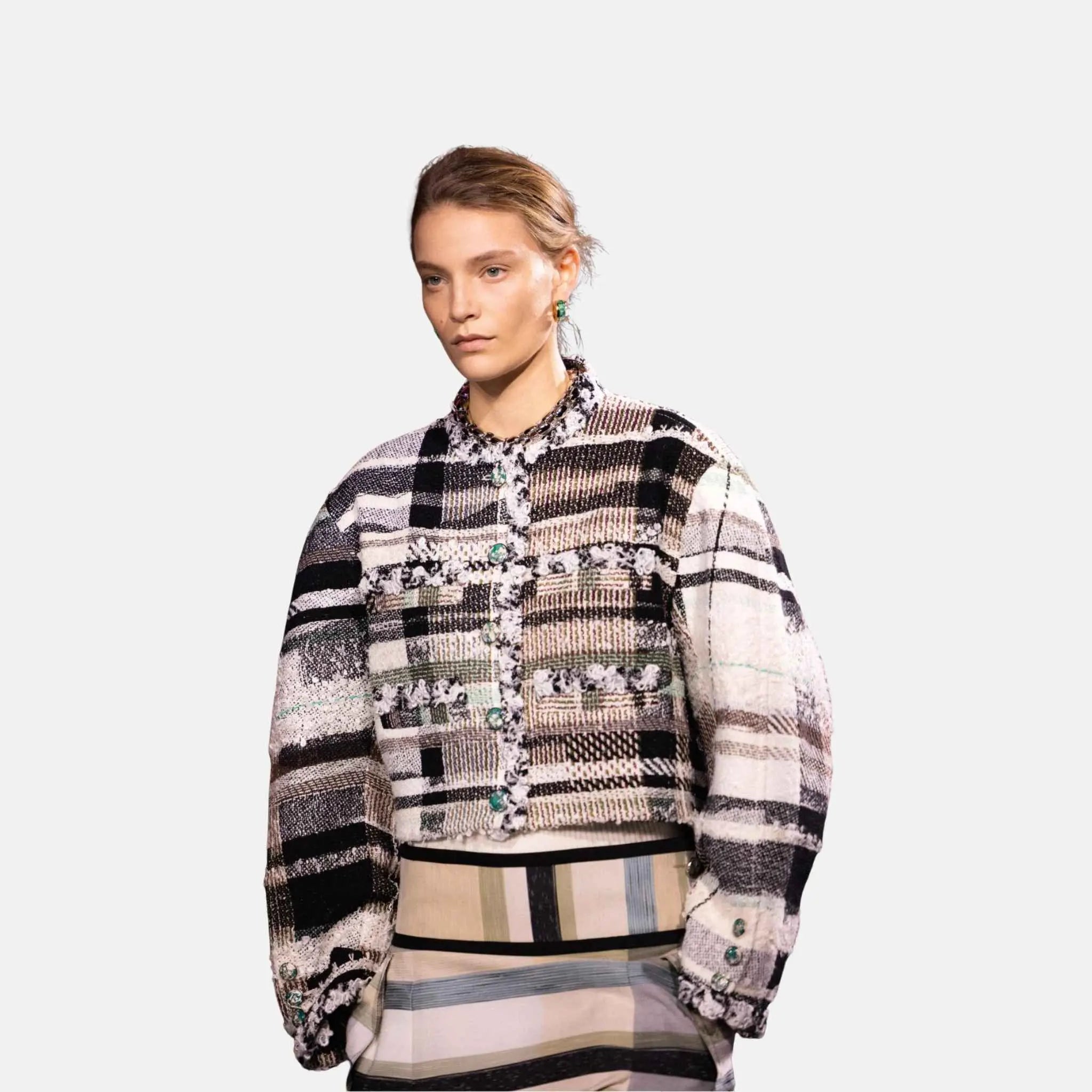 Chanel Jacket Cotton Tweed White Black Aqua Green