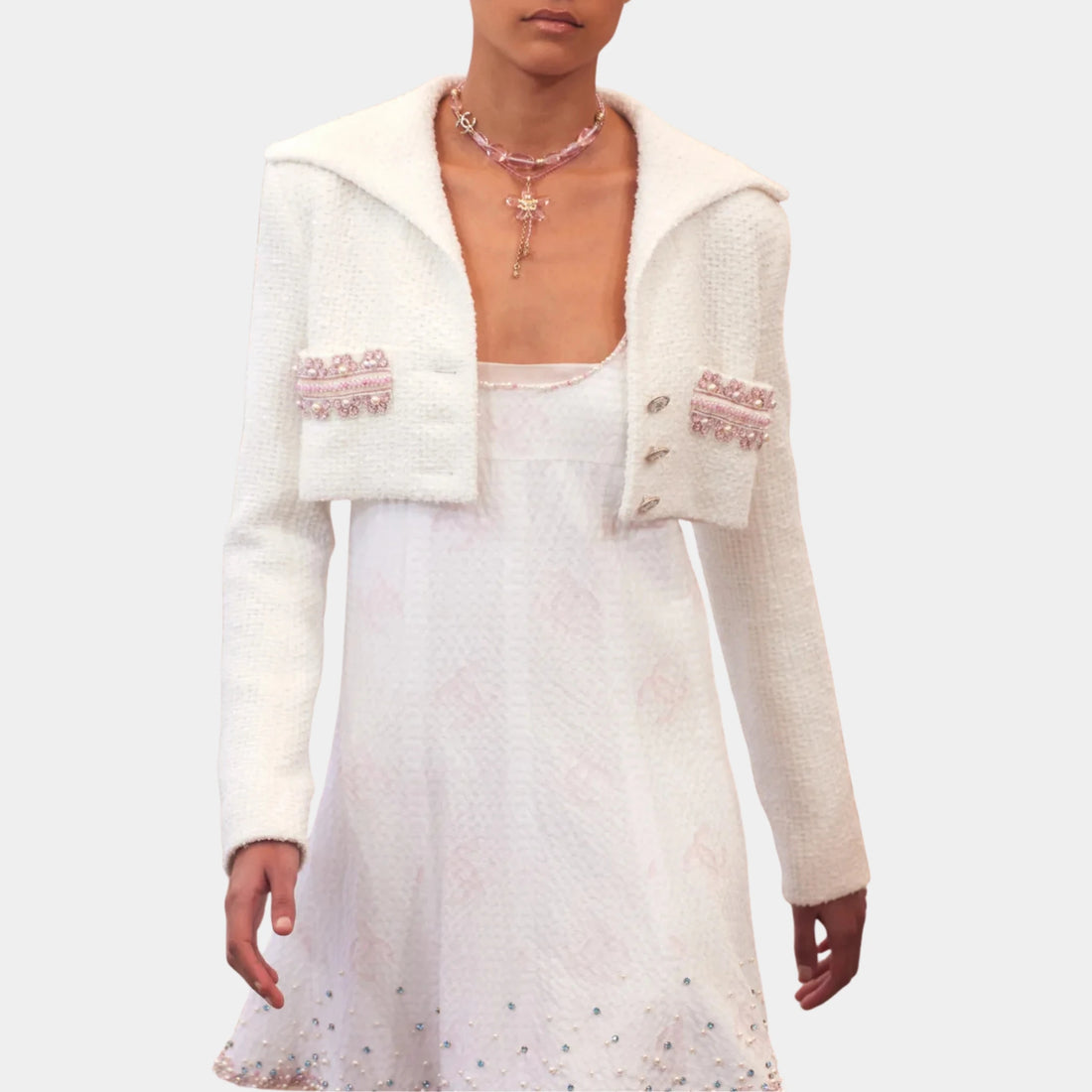 Chanel Jacket Embroidered Tweed in White &amp; Pink, Front