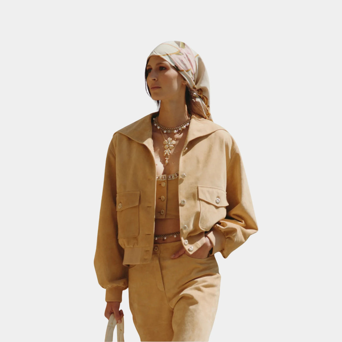 Chanel Jacket in Beige Suede Calfskin, Front
