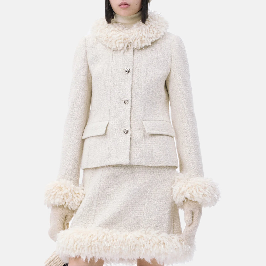 Chanel Jacket Tweed in Ecru and Silver, Coco Neige 2026, worn front view