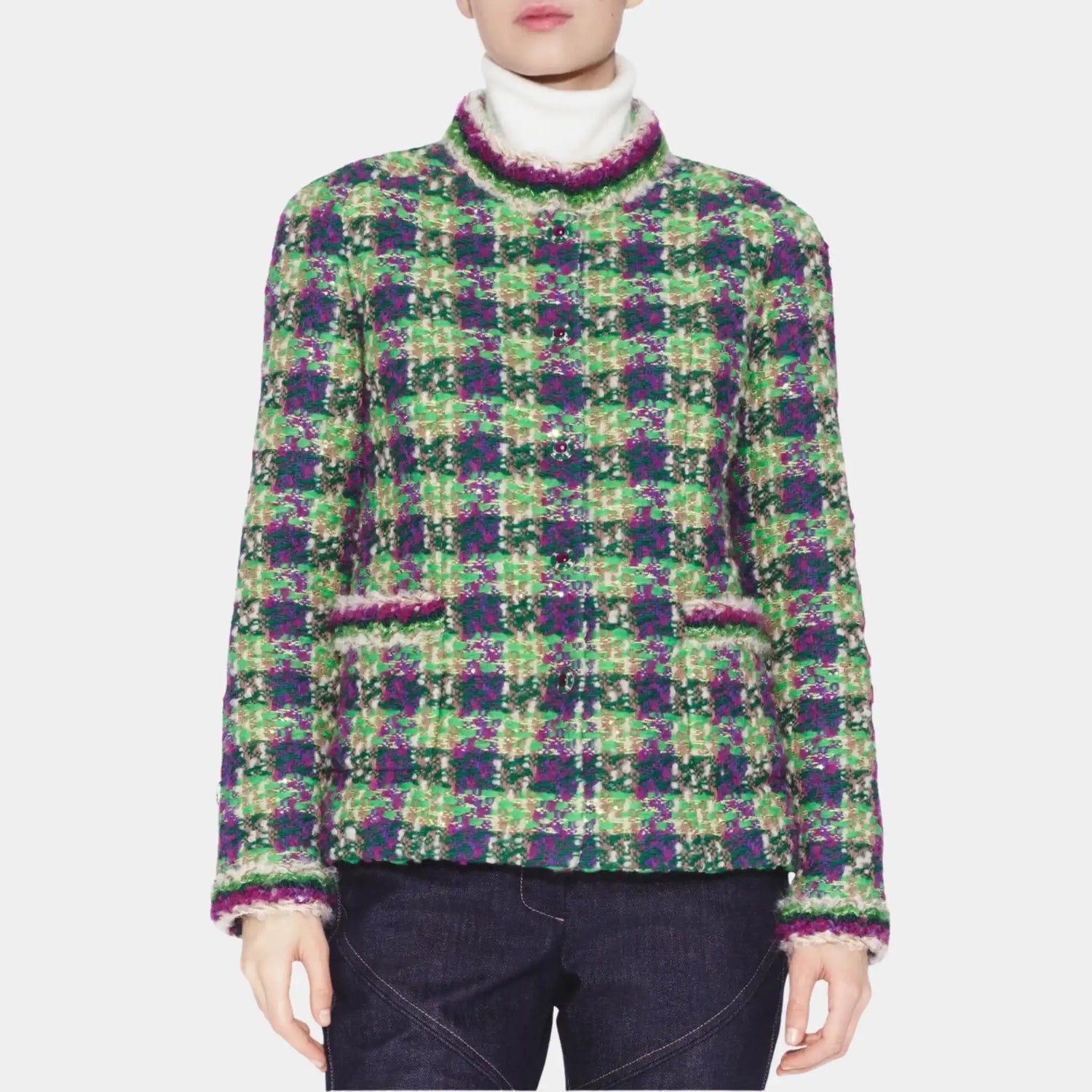 Chanel Jacket Tweed in Green Purple and Ecru, Front