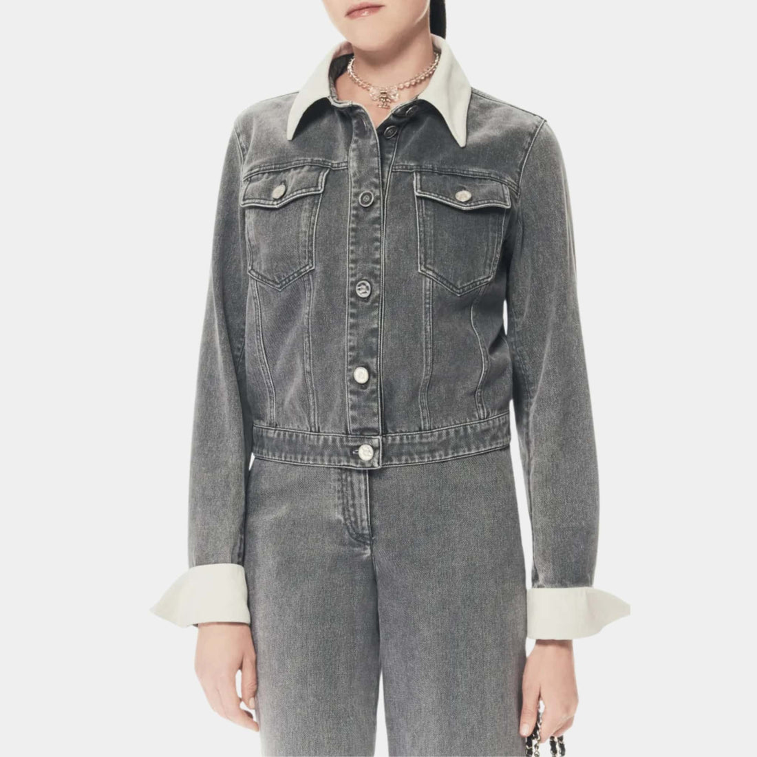 Chanel Jacket Washed Out Denim Grey & White, Model, Close