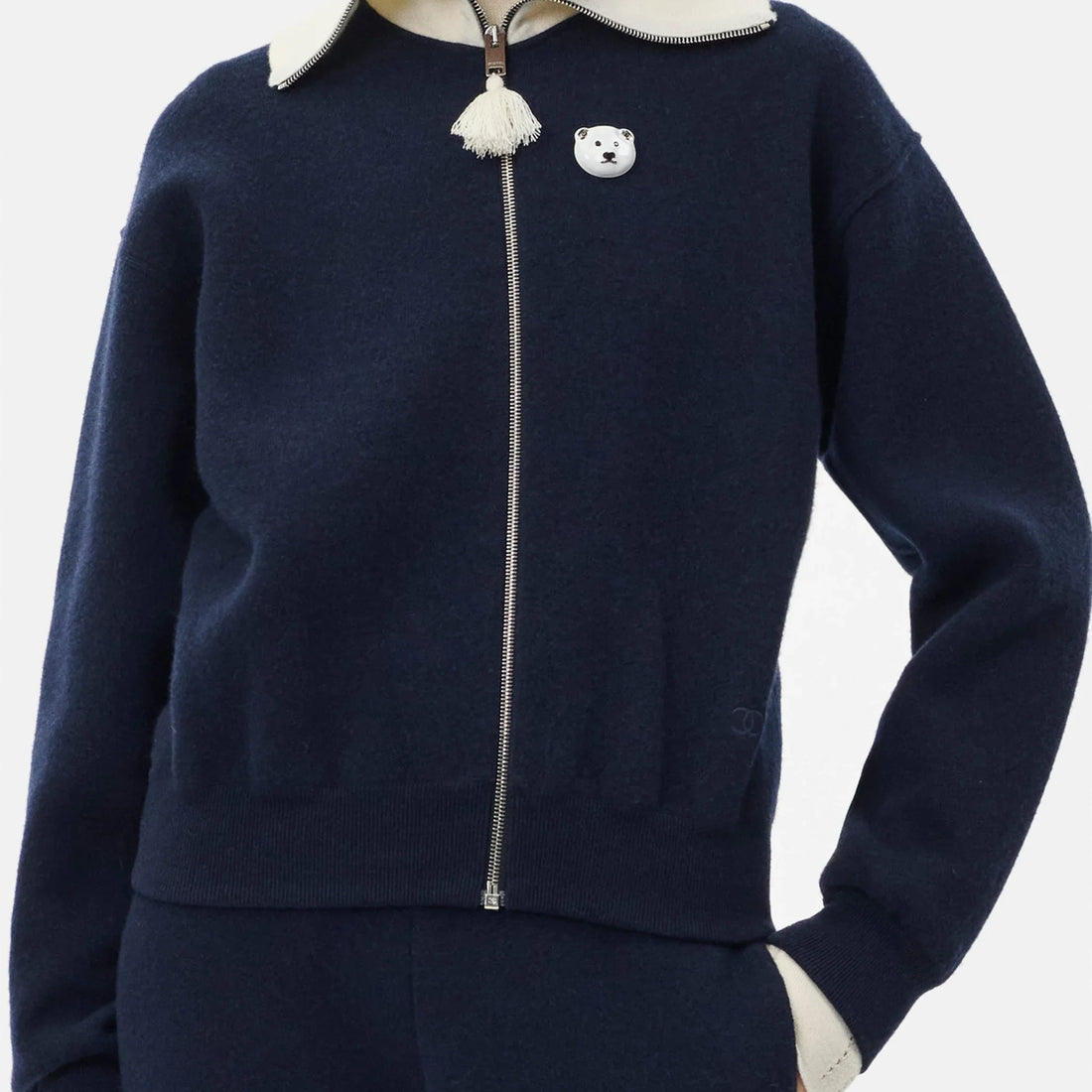 Chanel Jacket Wool &amp; Cashmere in Navy Blue and White, Coco Neige 2026, worn front view
