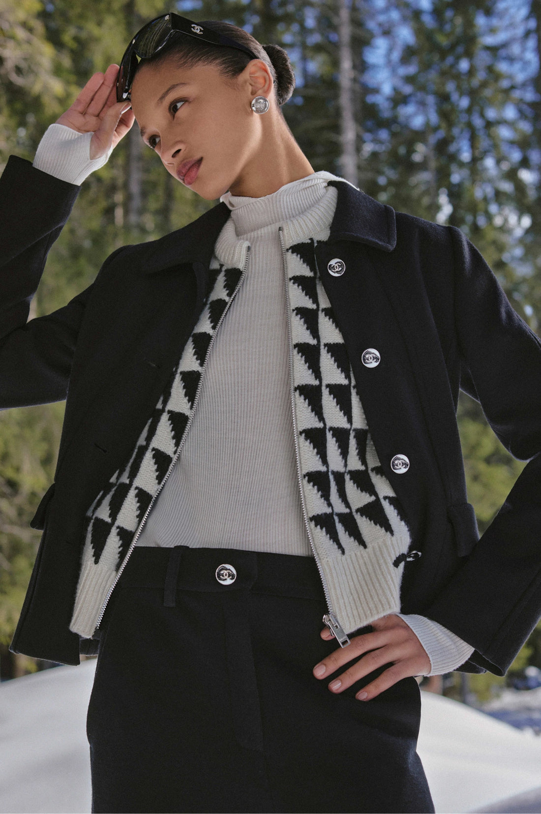 Chanel Jacket Wool in Black styled with a Double C knit cardigan