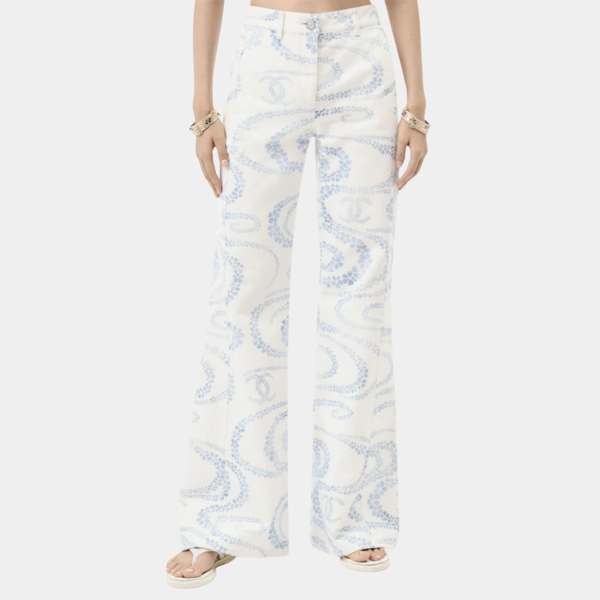 Chanel Jeans In Printed Denim Coco Beach Collection, Blue and White, Front