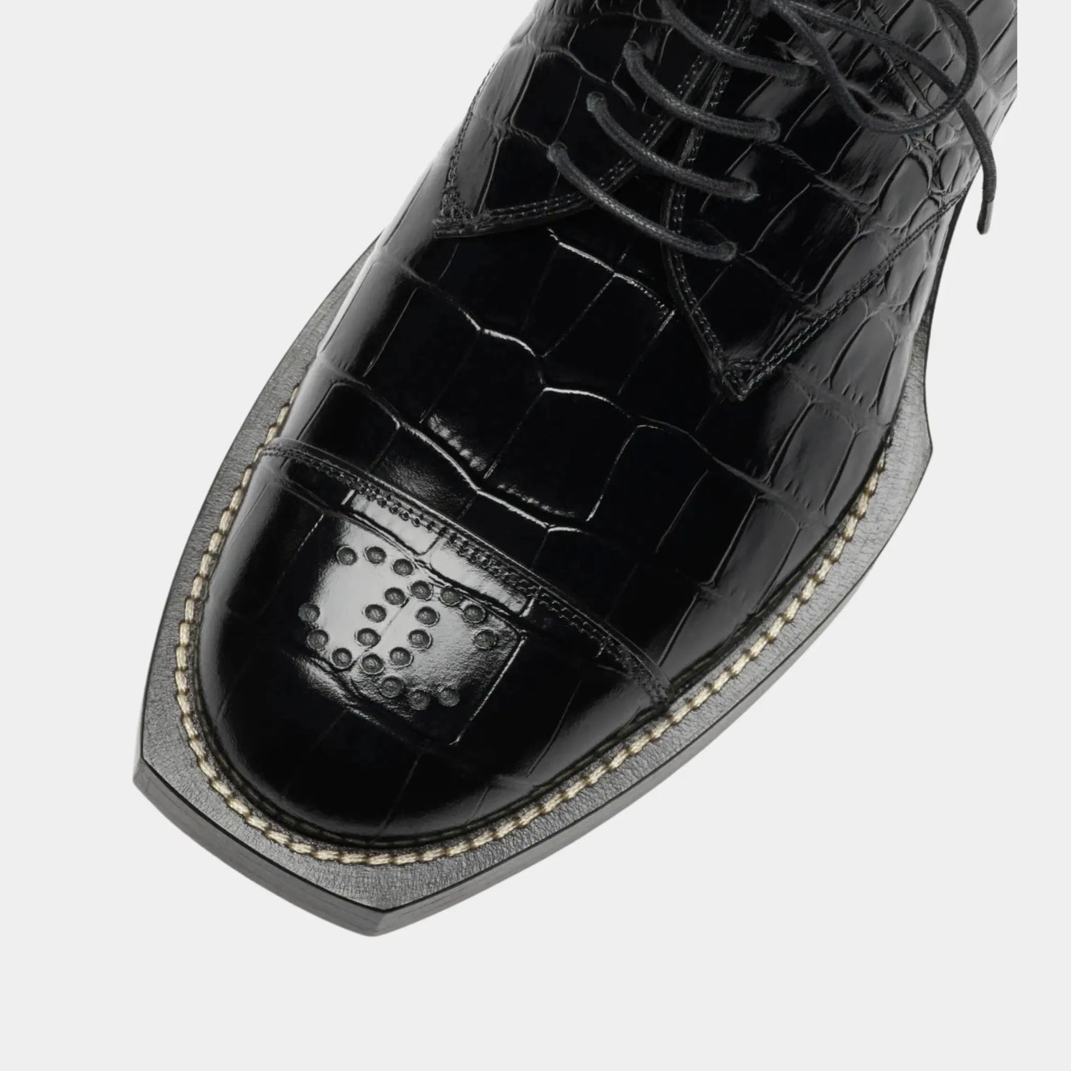 Chanel Lace-Up Shoes in Crocodile Embossed Patent Calfskin, Black, Top