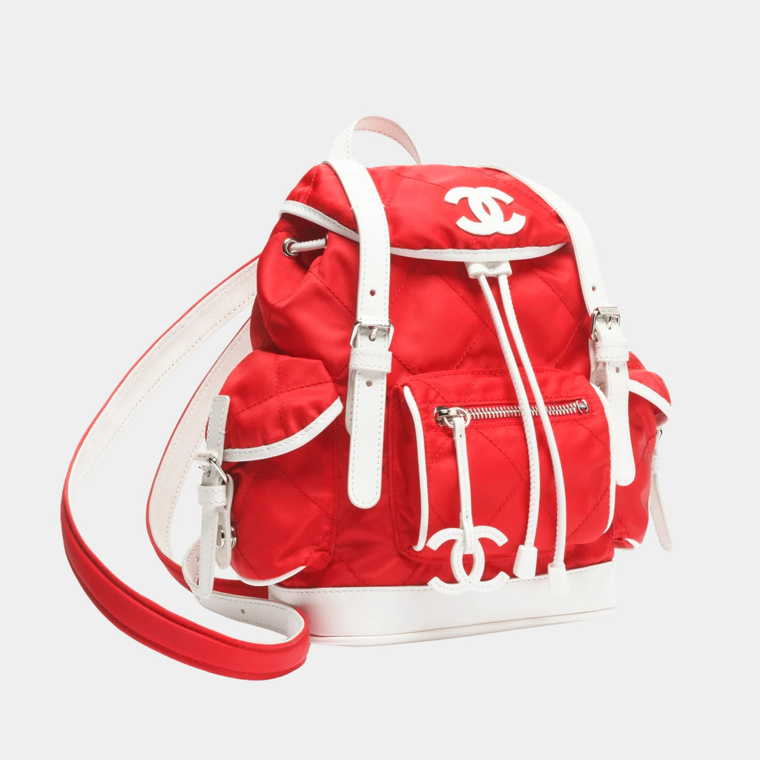 Chanel Large Backpack Nylon Calfskin & Silver-Tone Metal Red & White