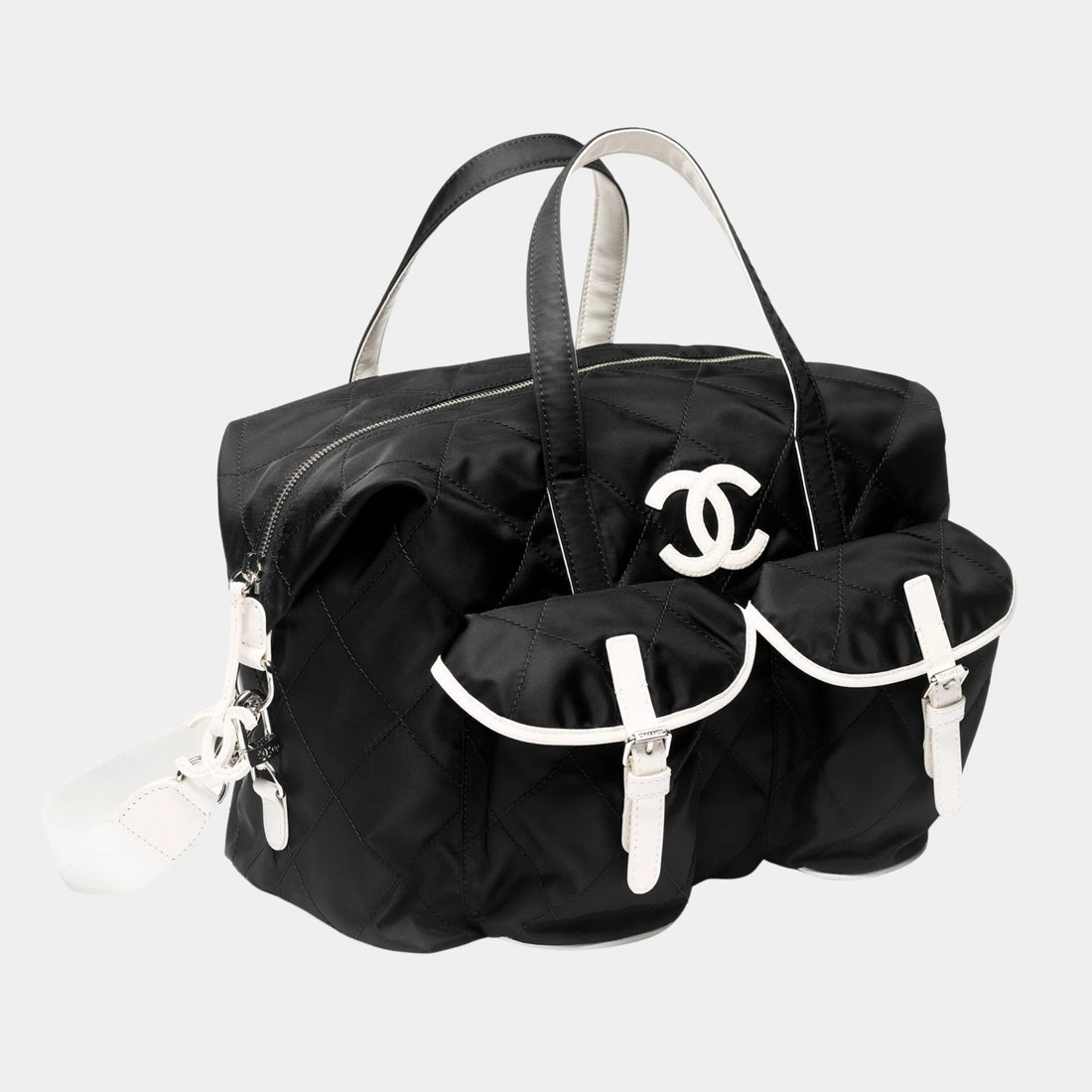 Chanel Large Bowling Bag Nylon Calfskin &amp; Silver-Tone Metal , Black And White 