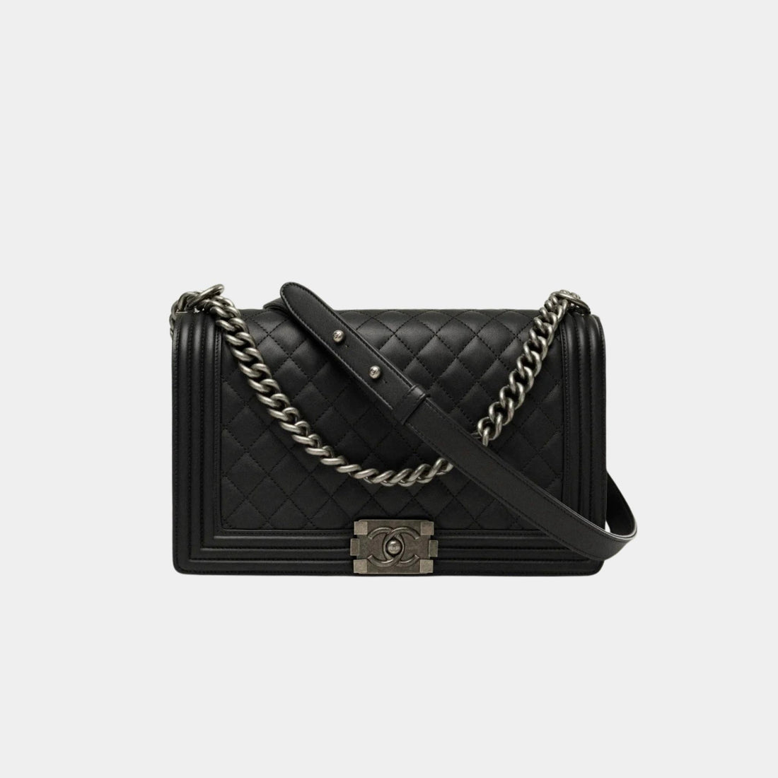 Large Boy Chanel Handbag Calfskin Ruthenium Finish Metal Black