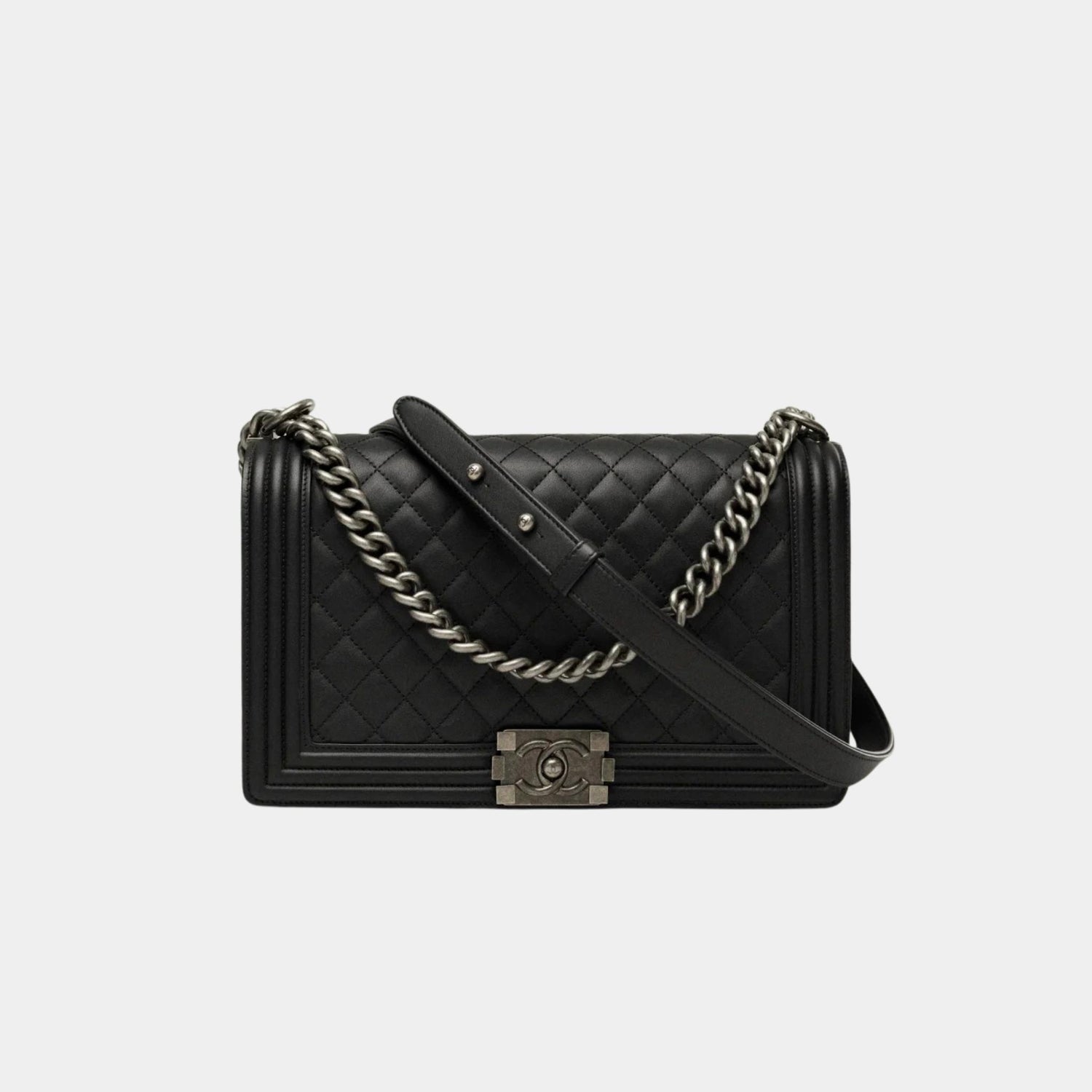 Large Boy Chanel Handbag Calfskin Ruthenium Finish Metal Black