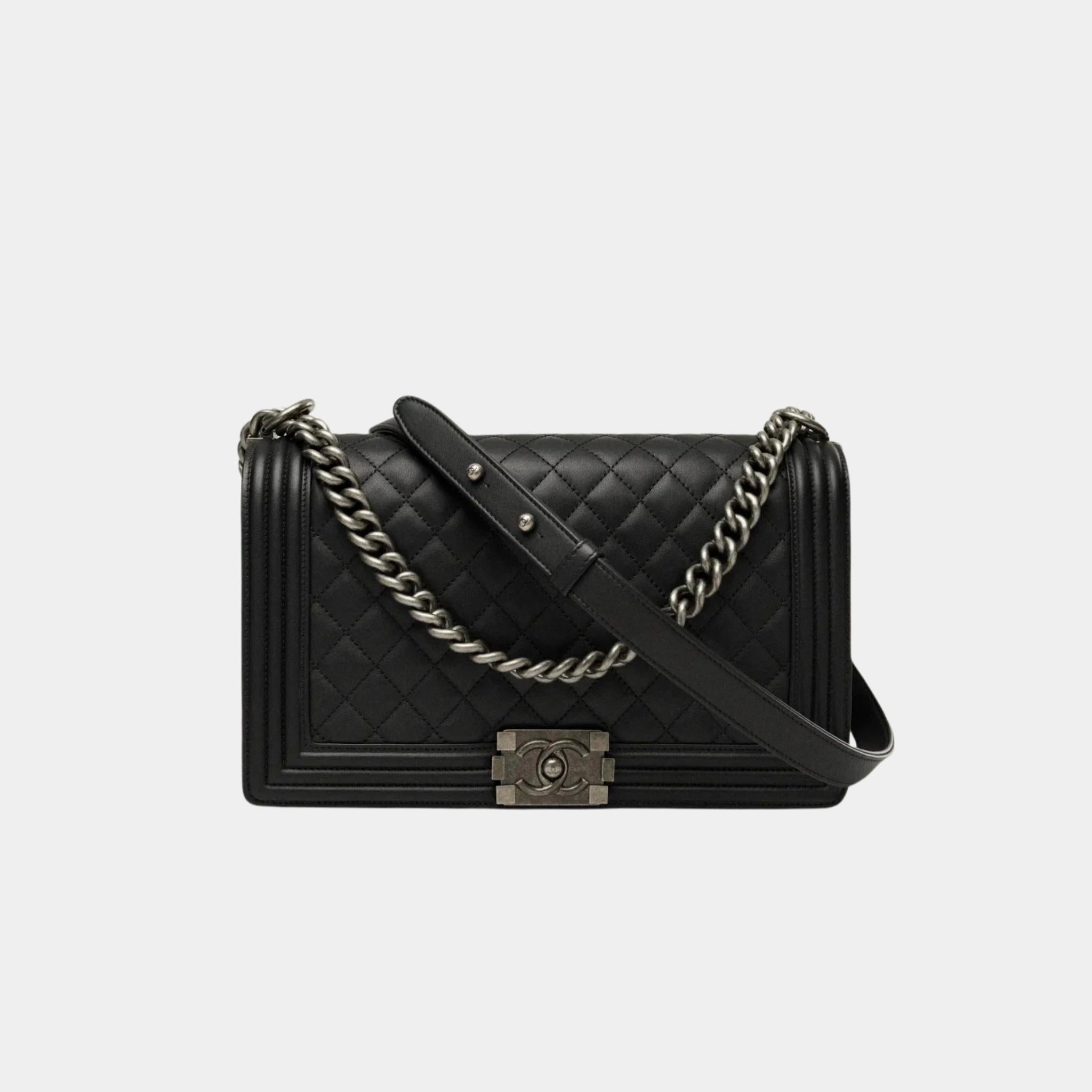 Large Boy Chanel Handbag Calfskin Ruthenium Finish Metal Black