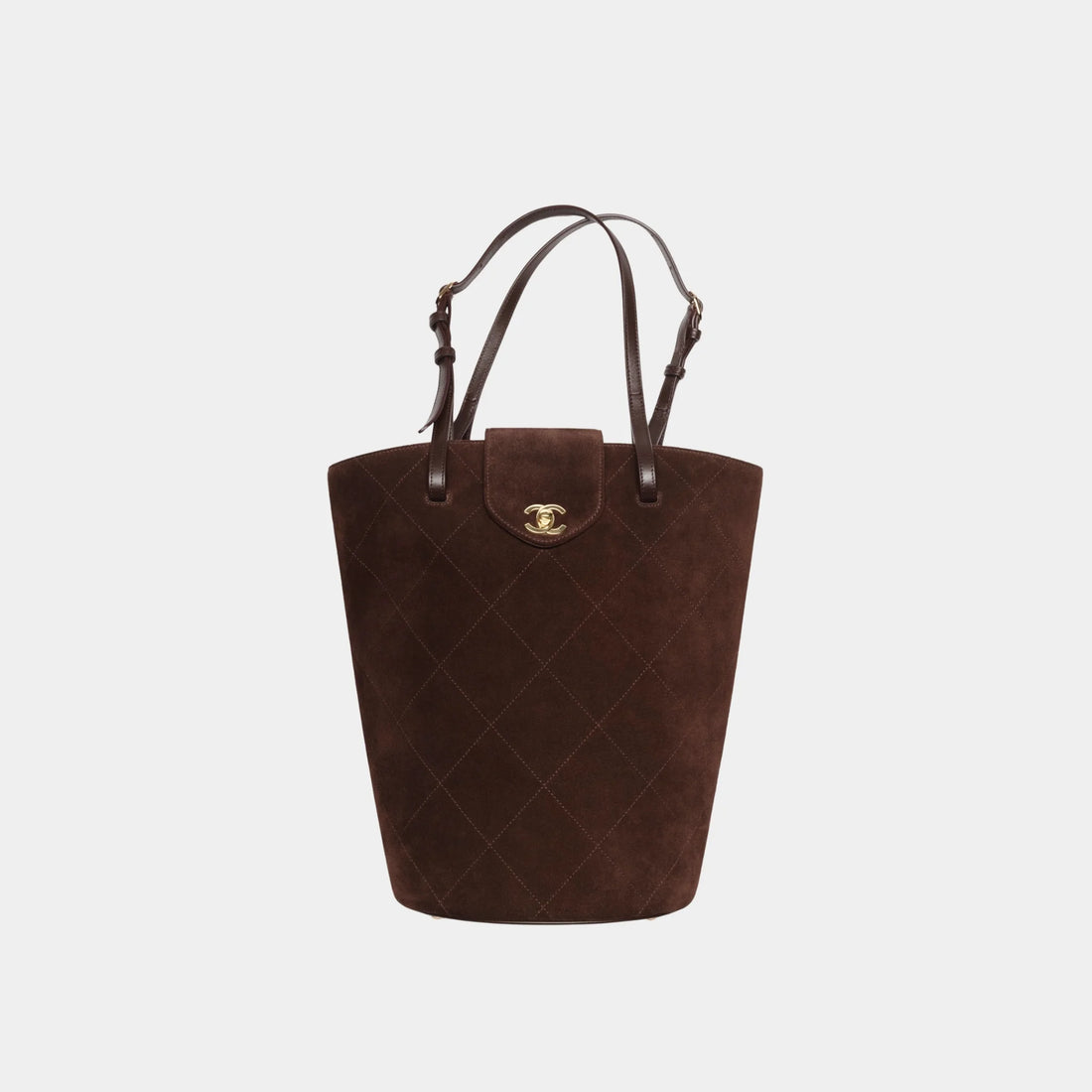 Chanel Large Bucket Bag in Dark Brown Suede Calfskin & Gold Metal, Front