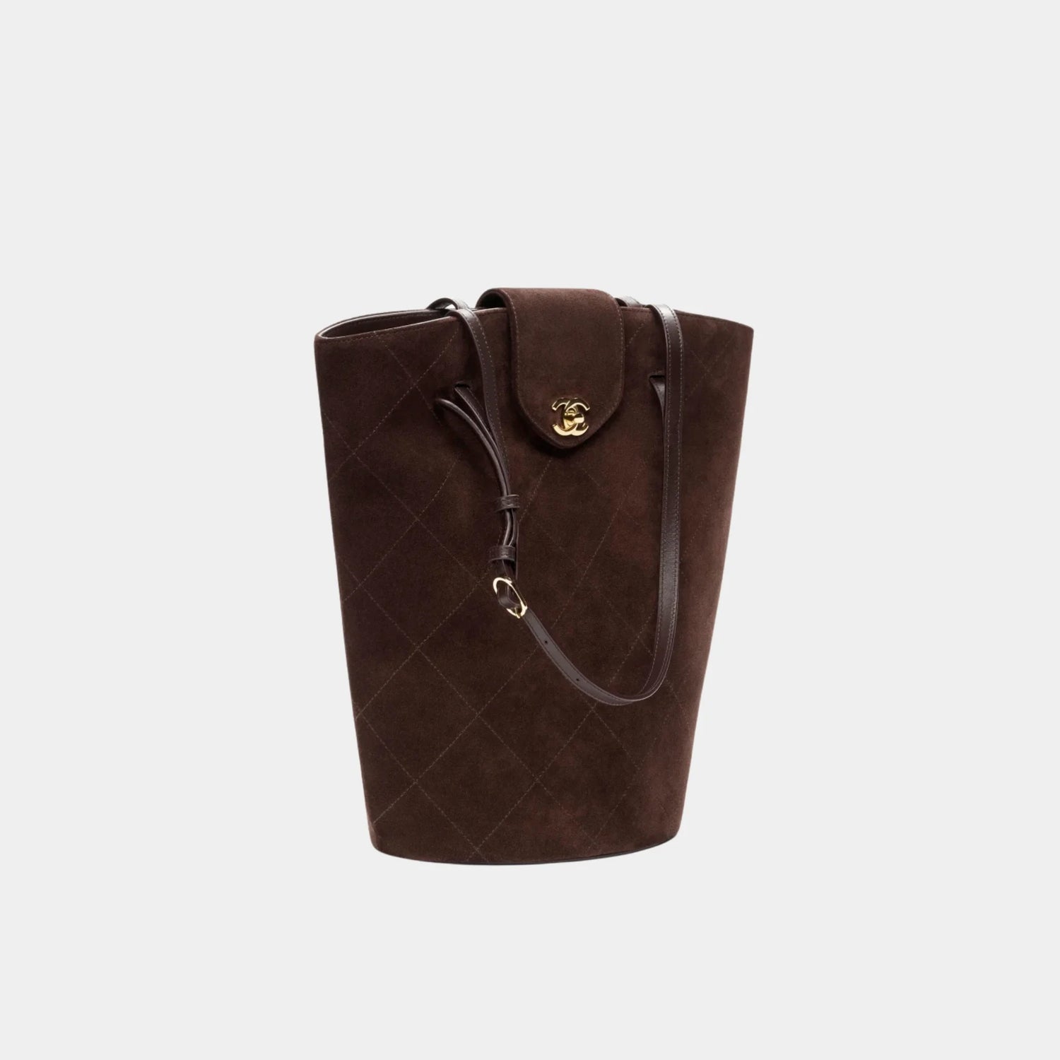 Chanel Large Bucket Bag in Dark Brown Suede Calfskin &amp; Gold Metal, Side