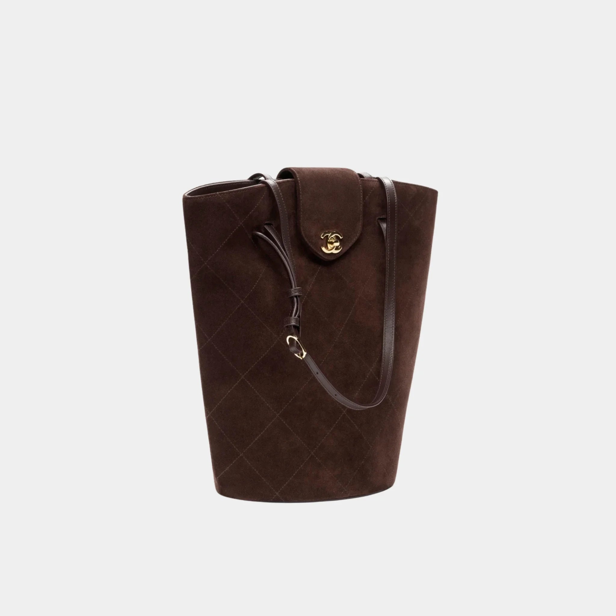 Chanel Large Bucket Bag in Dark Brown Suede Calfskin &amp; Gold Metal, Side