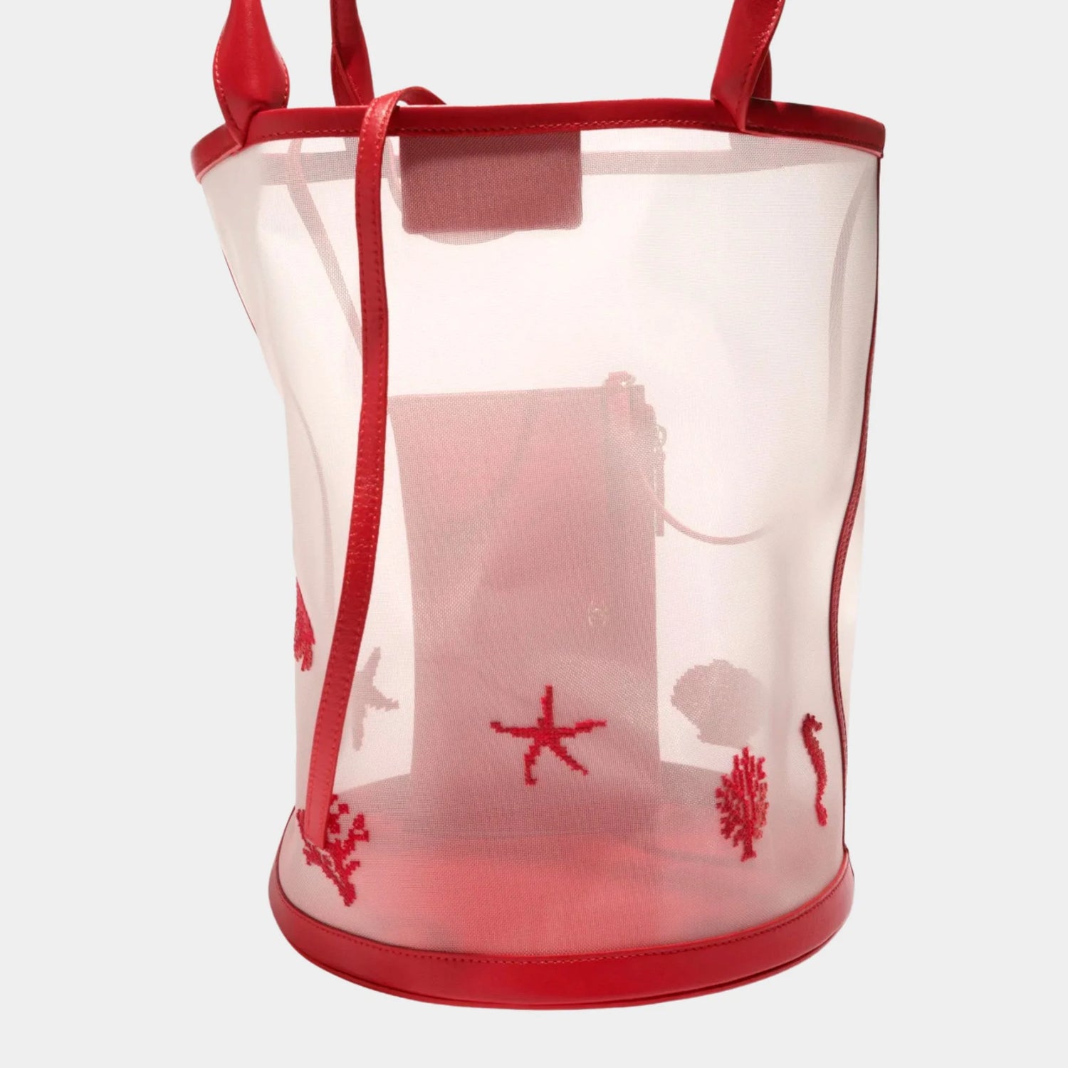 Chanel Large Bucket Bag Embroidered Mesh &amp; Calfskin Transparent &amp; red, Side