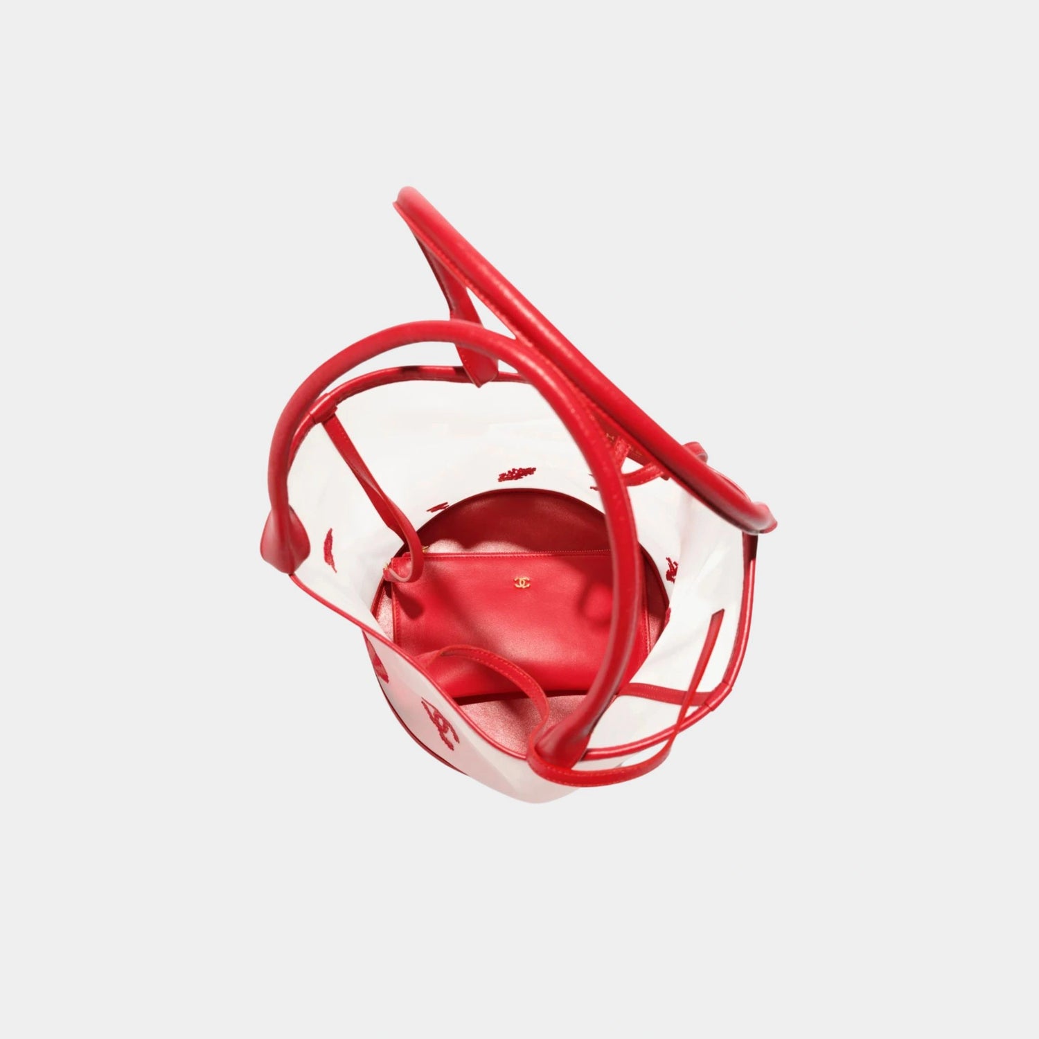 Chanel Large Bucket Bag Embroidered Mesh &amp; Calfskin Transparent &amp; red, Top 