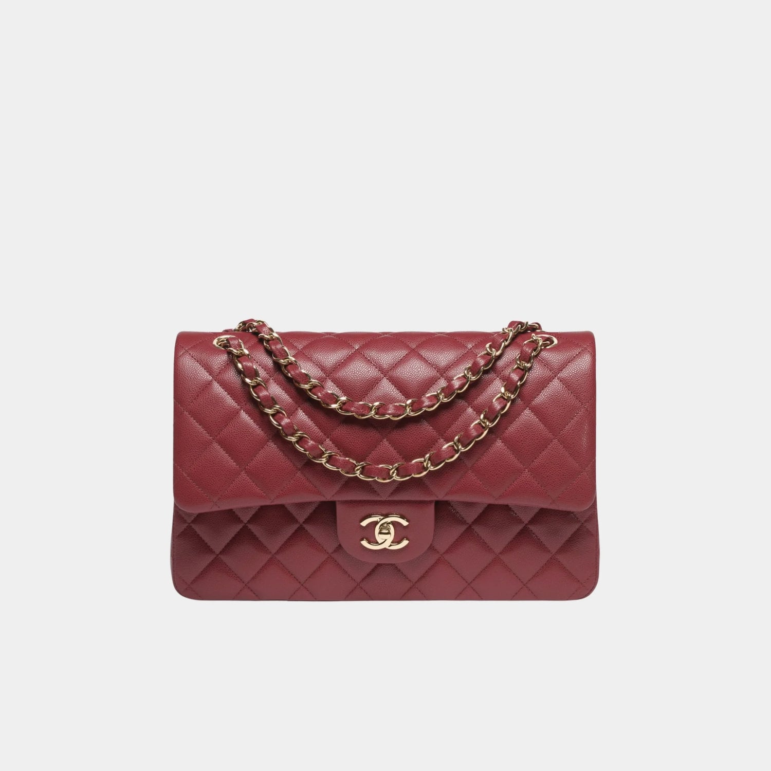 Chanel Large Classic Handbag In Grained Shiny Calfskin And Gold Tone, Burgundy