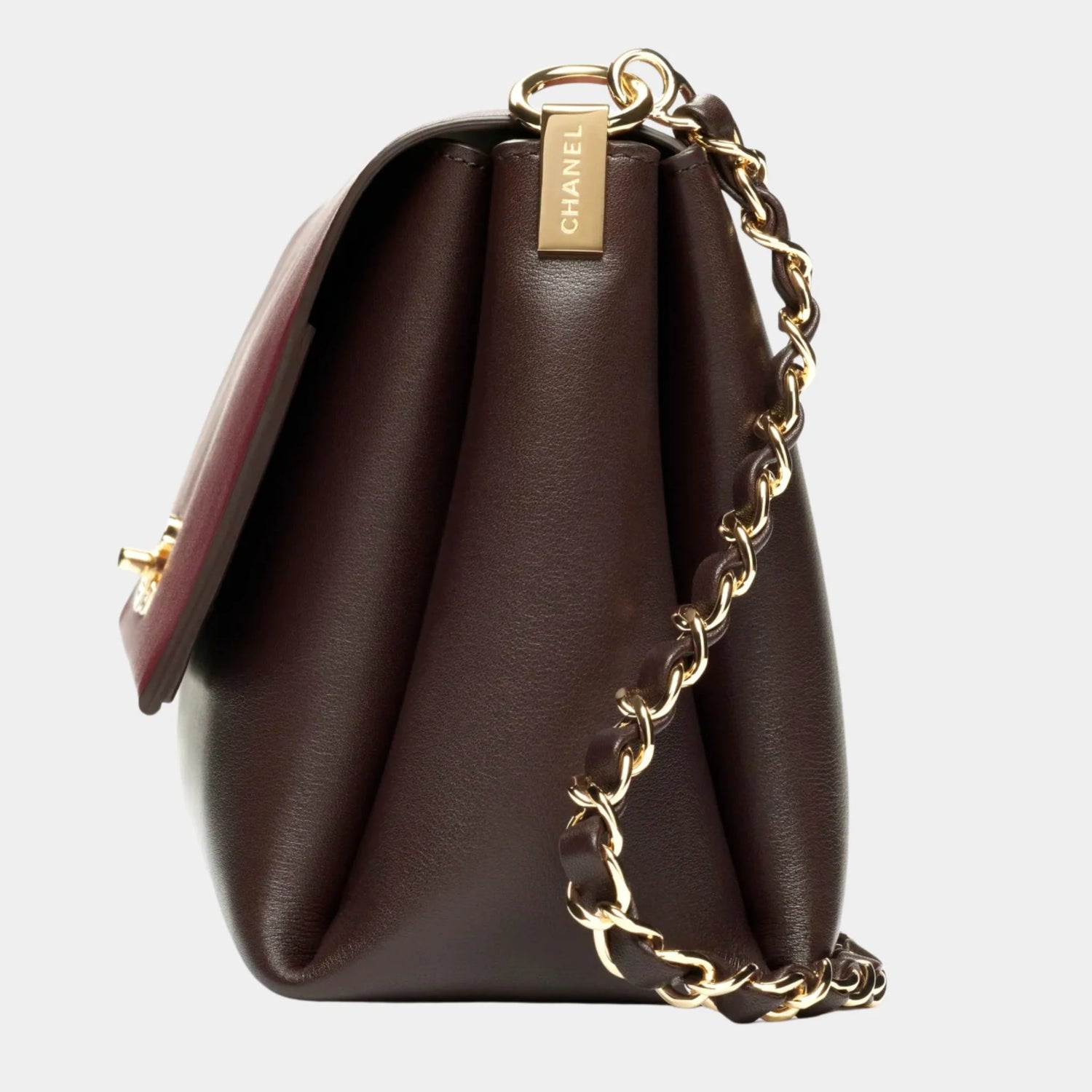 Chanel Large Flap Bag Calfskin &amp; Gold-Plated Metal Dark Brown &amp; Burgundy, Side