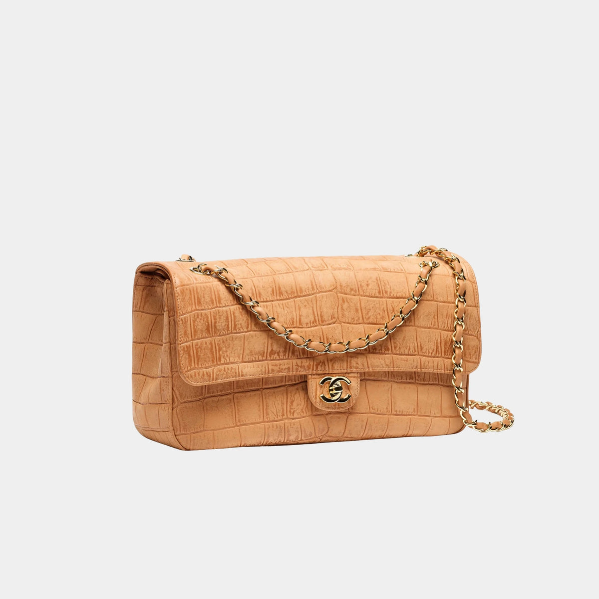 Large Flap Bag Crocodile Suede Calfskin & Gold-Tone Metal Camel