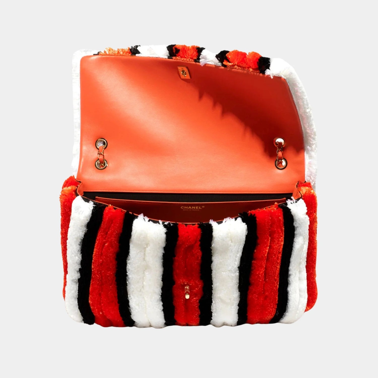 Chanel Large Flap Bag Raffia &amp; Gold-Plated Metal Orange White &amp; Black