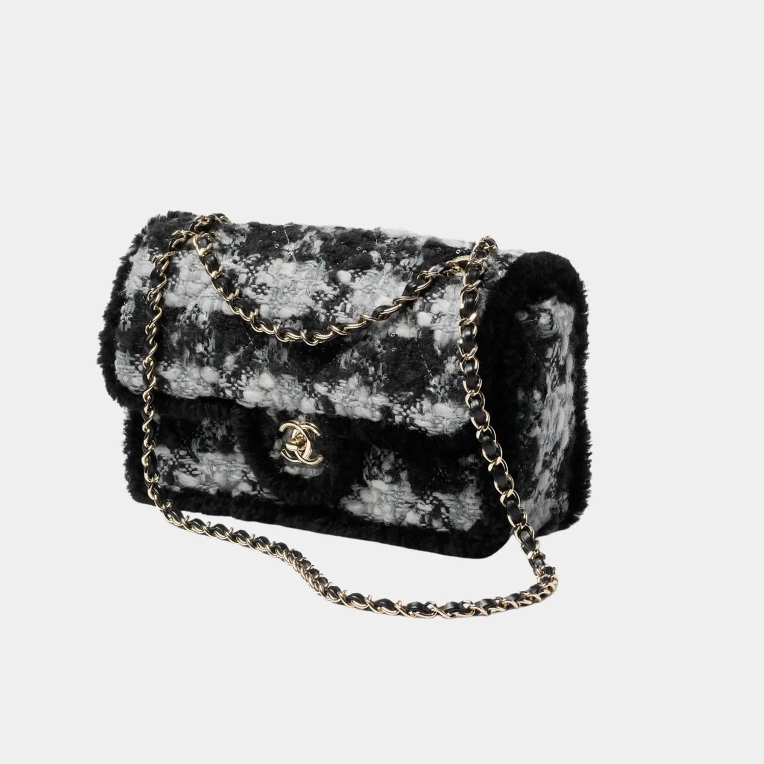 Chanel Large Flap Bag Tweed and Sheepskin with Gold-Tone Metal, Black, Front