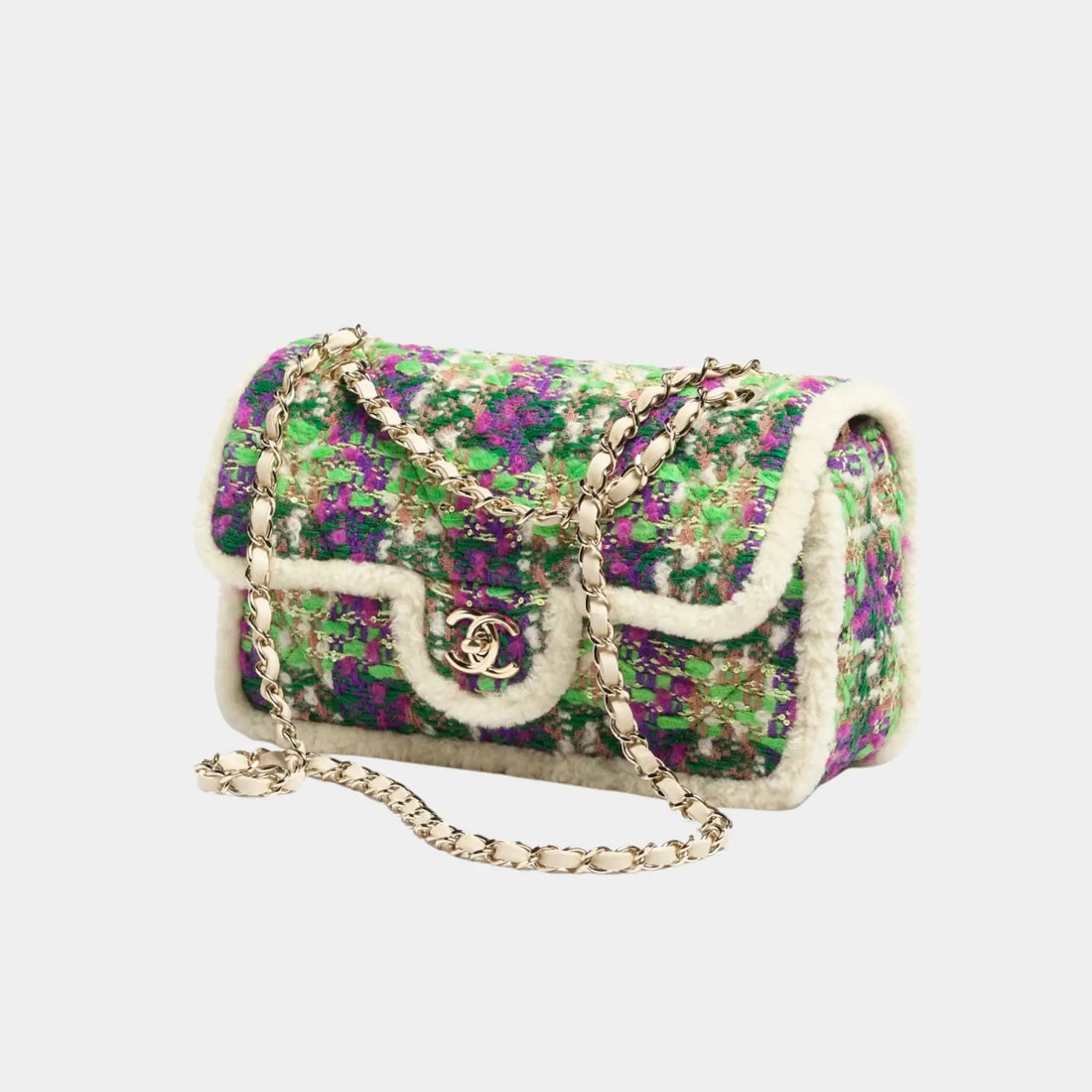 Chanel Large Flap Bag Tweed and Sheepskin with Gold-Tone Metal, Green, Front