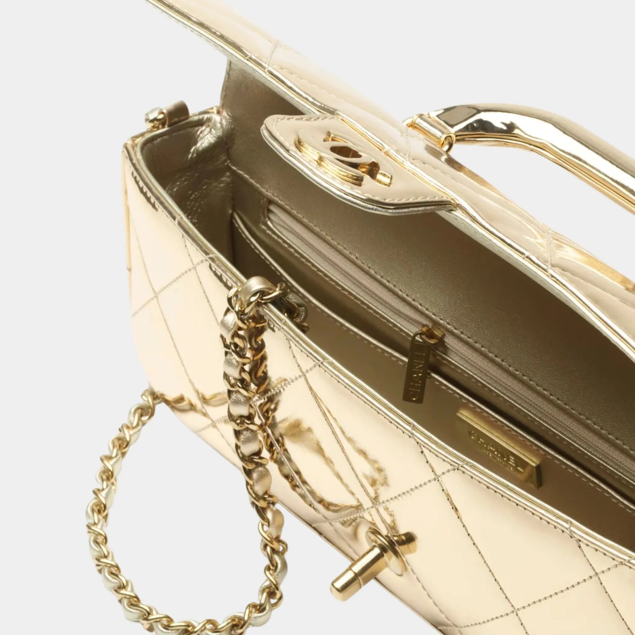 Large Flap Bag With Handle Metallic Mirror Calfskin &amp; Gold Metal