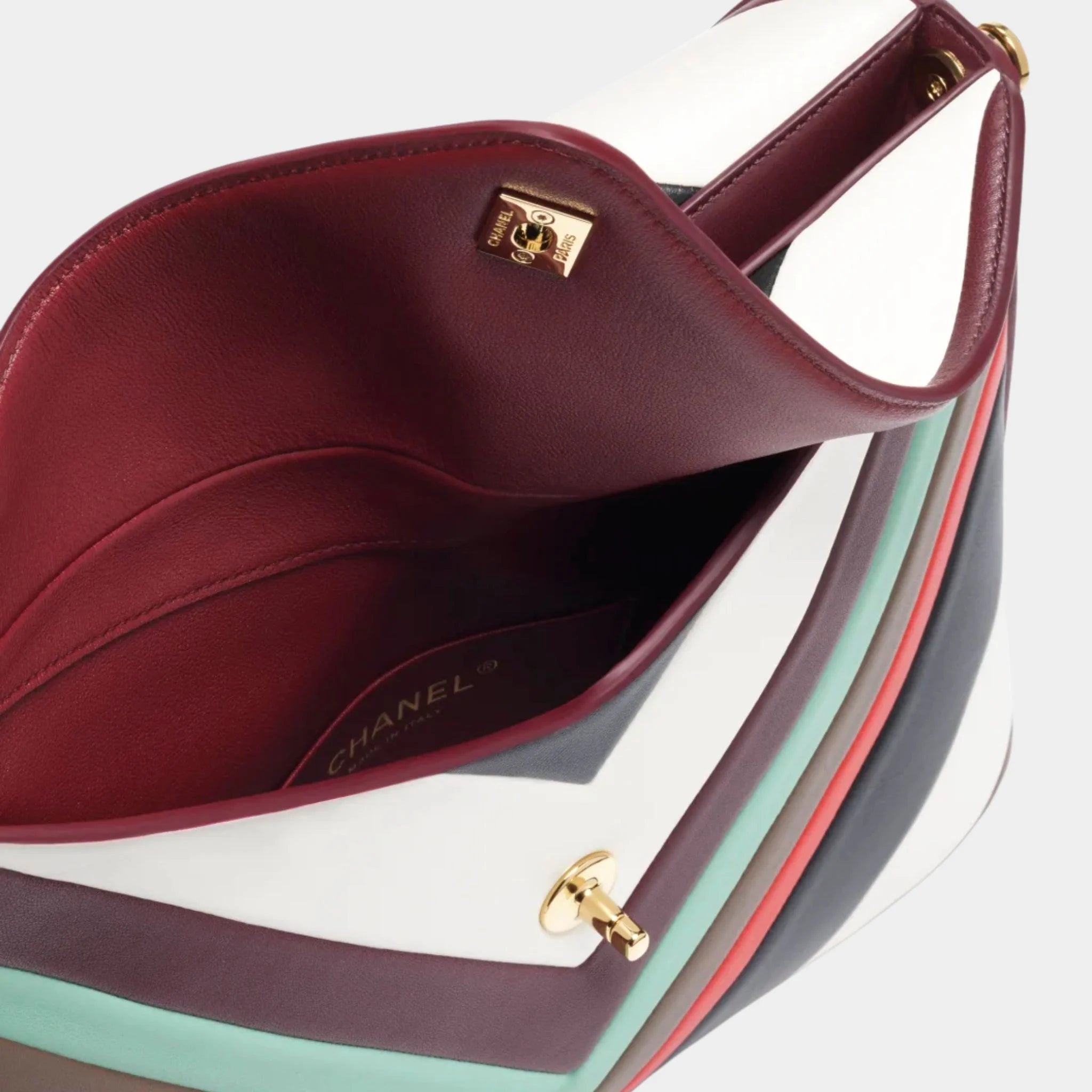 Chanel Large Hob Bag Lamb &amp; Gold-Plated Metal White/Black/Red &amp; Light Green, Top, Pocket
