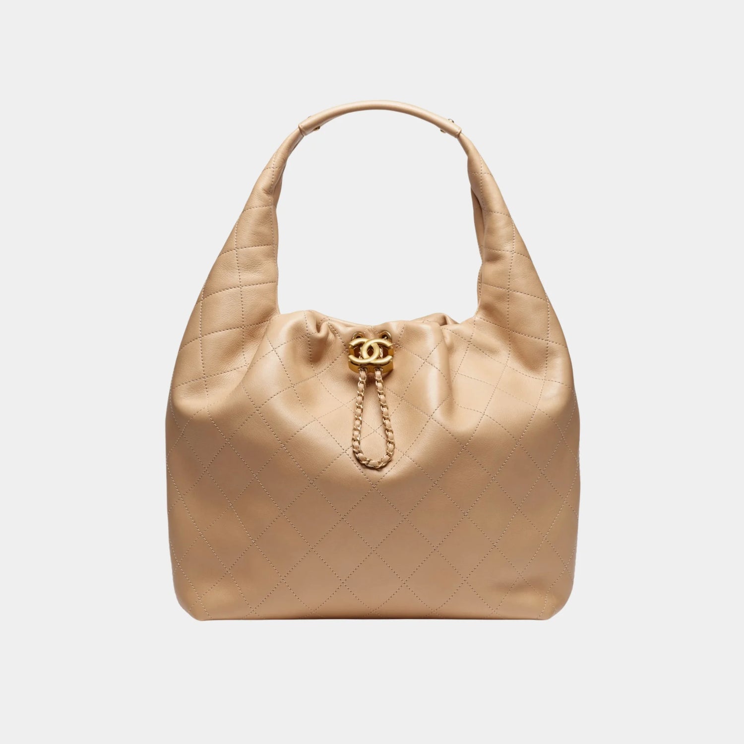 Chanel Large Hobo Bag in Calfskin &amp; Gold-Tone Metal, Beige, Front